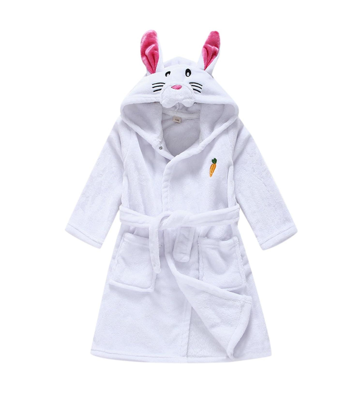 Feiliandajj Unisex Baby Fleece Bathrobe with Animal Ears | Soft Hooded Terry Bath Coat for Toddler Boys & Girls 1-6 Years - Cute Morning Gown with Pockets - White - Buy Online on GoSupps.com