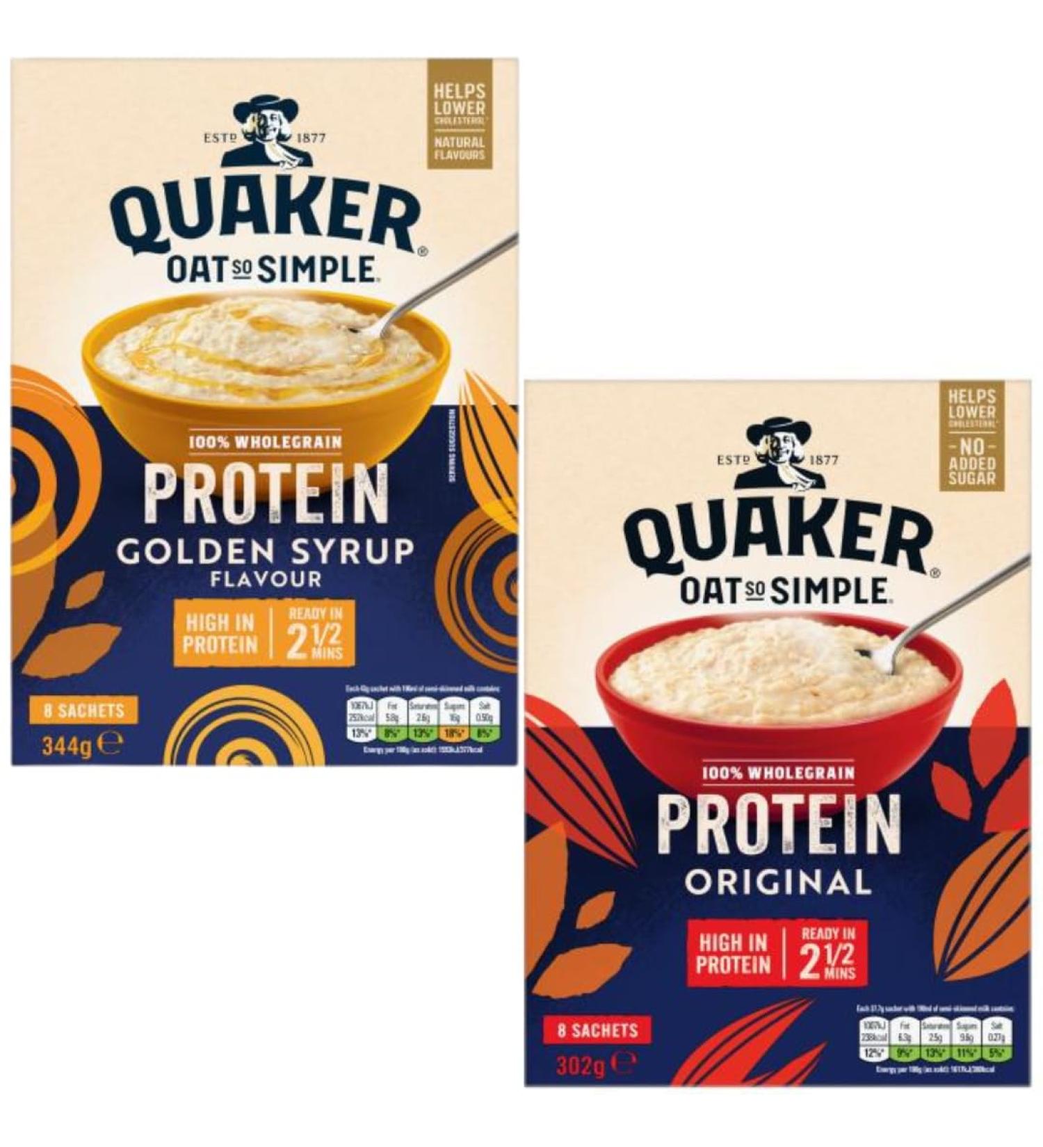 Porridge Bundle With Quaker Oat So Simple Protein Golden Syrup Sachets 344g and Oat So Simple Protein Original Porridge Sachets 8x37.73g (2 Pack) - Buy Online on GoSupps.com