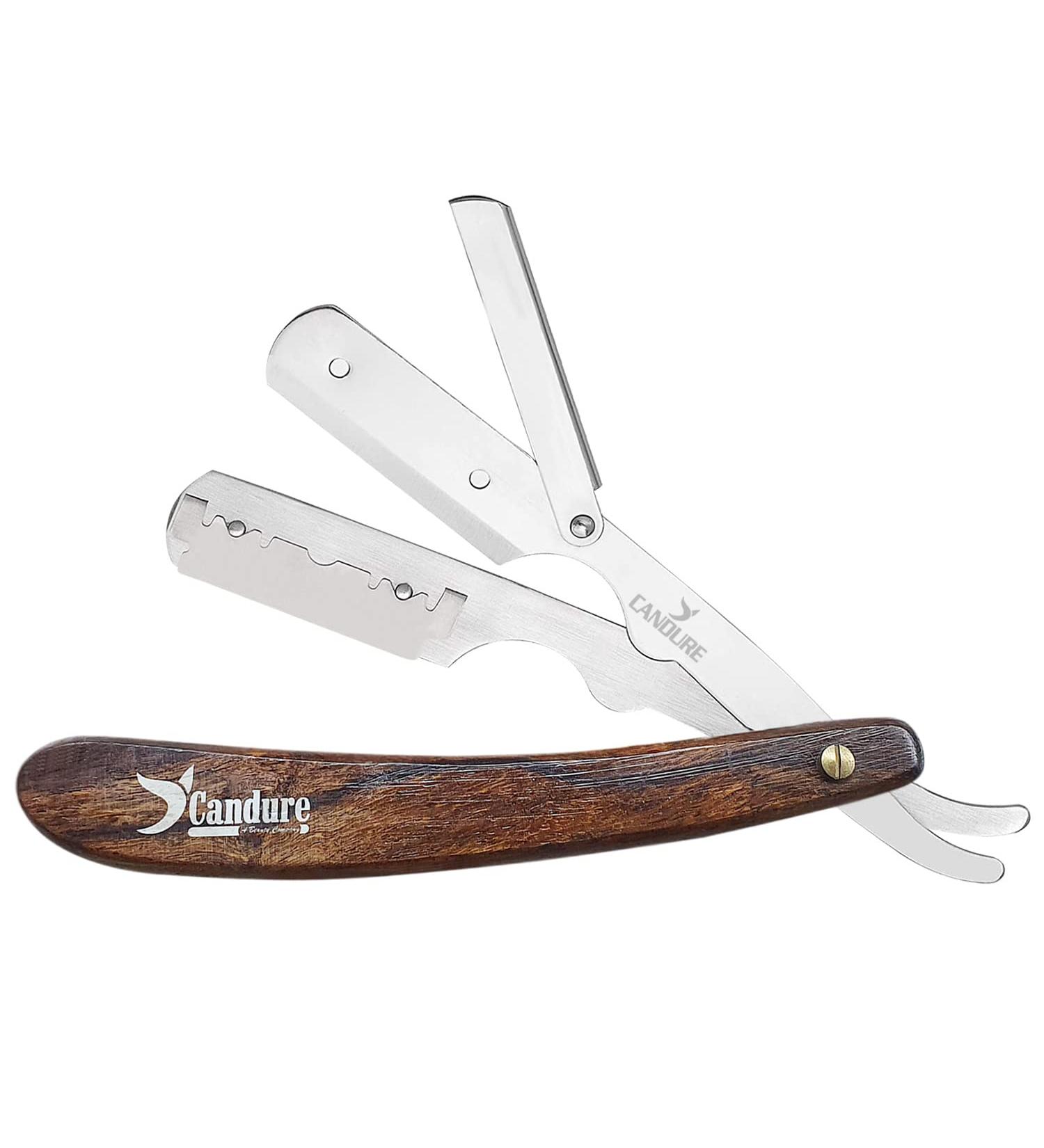 Shop Candure Men's Razor - Professional Stainless Steel Razor with Wooden Handle & 10 Extra Sharp Blades for Precision Beard Shaping - 13cm - Buy Online on GoSupps.com