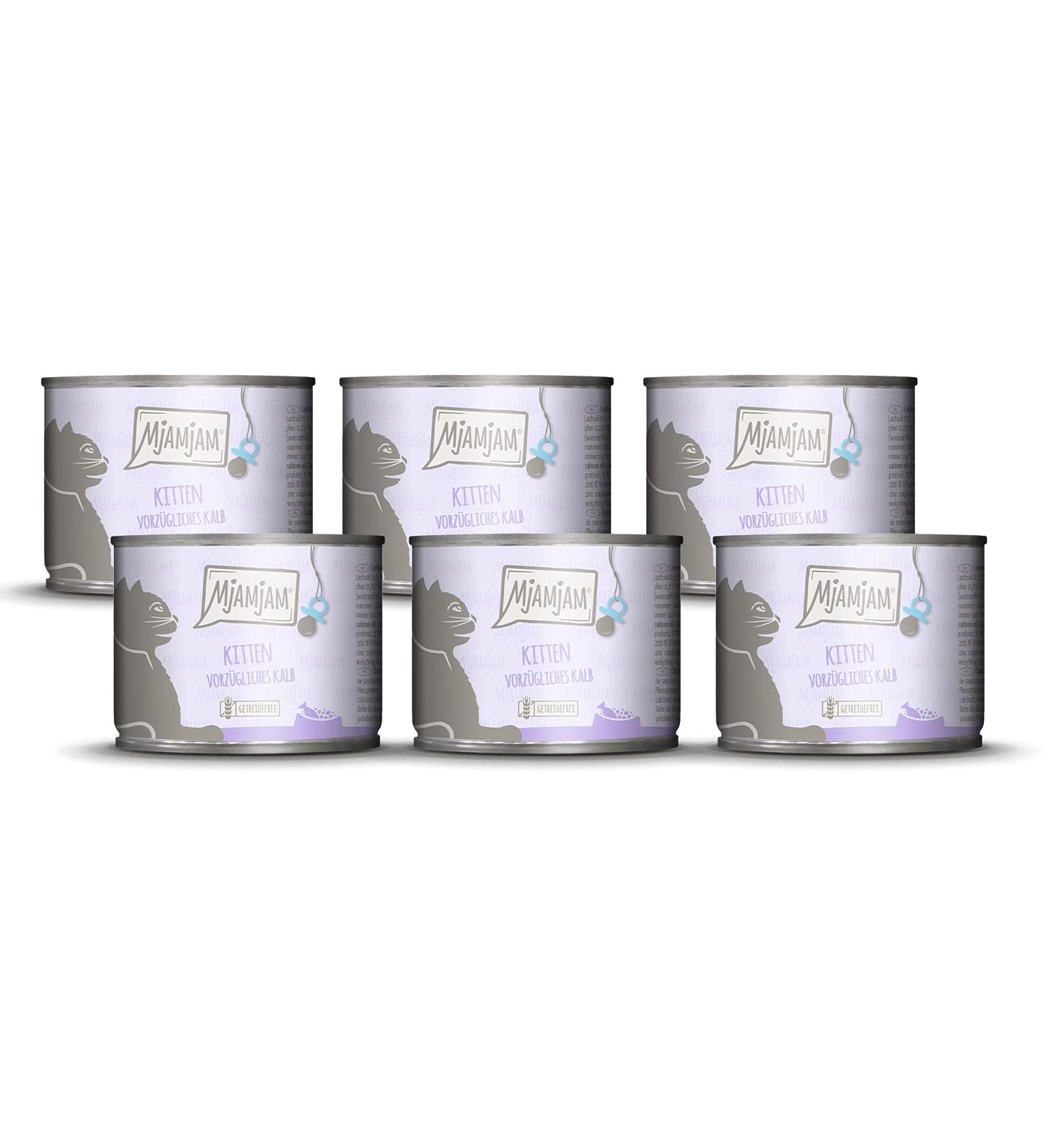 Mjamjam Premium Wet Cat Food - Kitten Excellent Calf with Salmon Oil - Grain Free - 6-Pack (6 x 200g) - Extra Meat - Buy Online on GoSupps.com