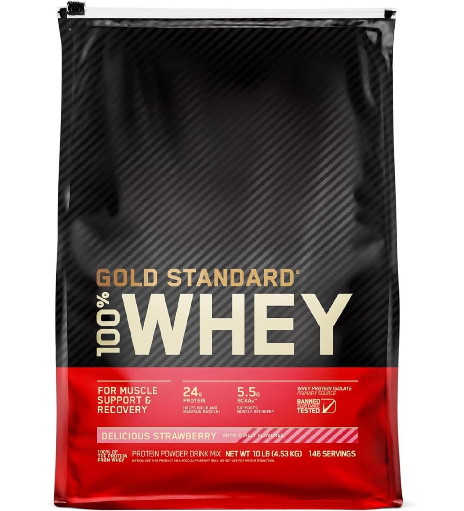 Gold Standard 100% Whey Protein Powder | Whey Protein Isolate Sourced | 24g Protein 5.5g BCAAs 11g EAAs | Low Carb Low Sugar Gluten Free | 146 Servings 10LB (Delicious Strawberry) Strawberry 10LB - Buy Online on GoSupps.com