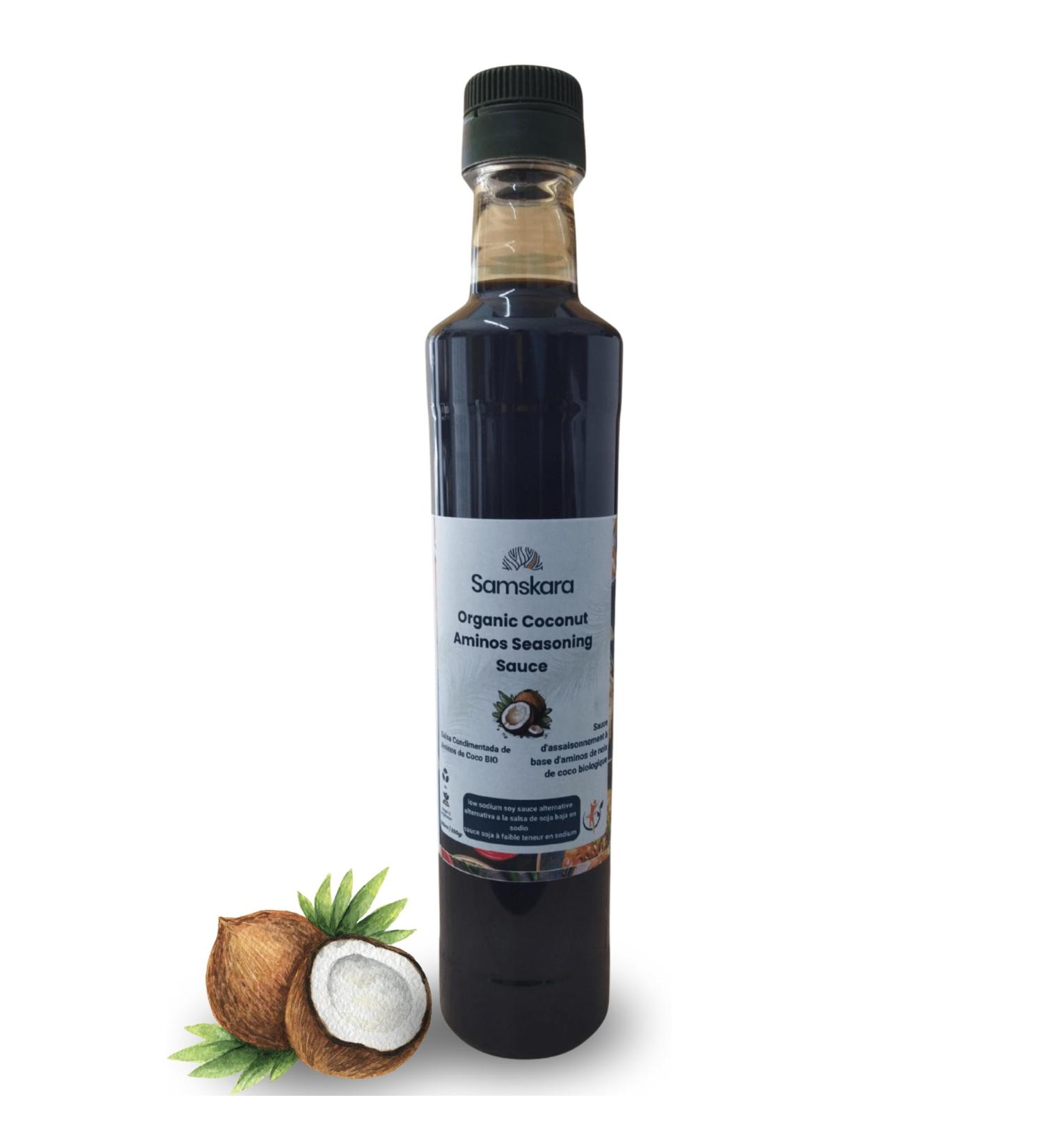 Aminos de Coco BIO 500ml | Samskara Tribe | Alternativa a la salsa de soja sin gluten baja en sodio | Coconut Aminos 100% Natural | Ideal para recetas tamari salsa teriyaki o marinados - Buy Online on GoSupps.com