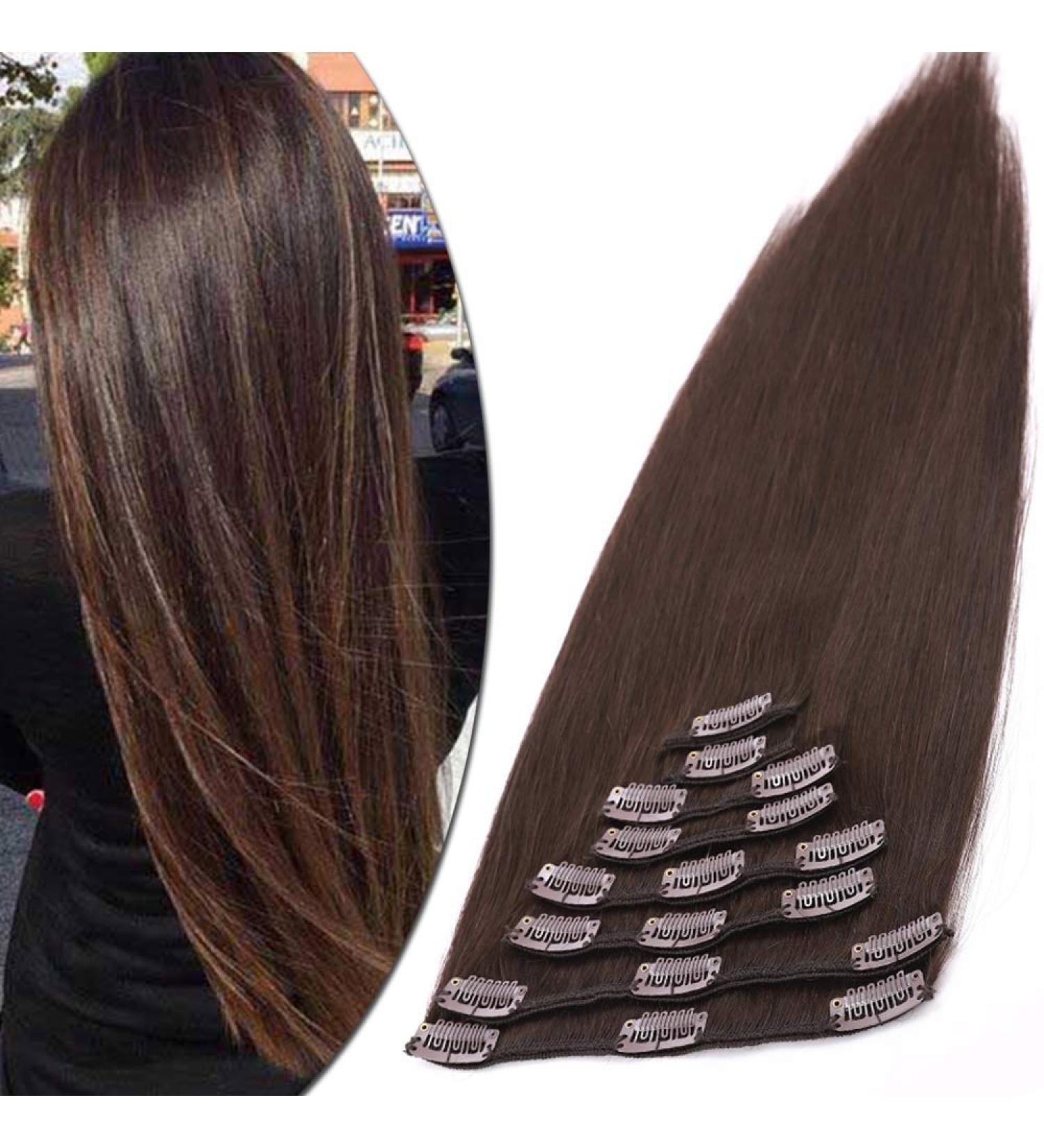 SEGO Clip-In Extensions - Real Hair 40 cm Dark Brown #2 8 Wefts Heat Resistant Hairpiece for Easy Styling - Buy Online on GoSupps.com