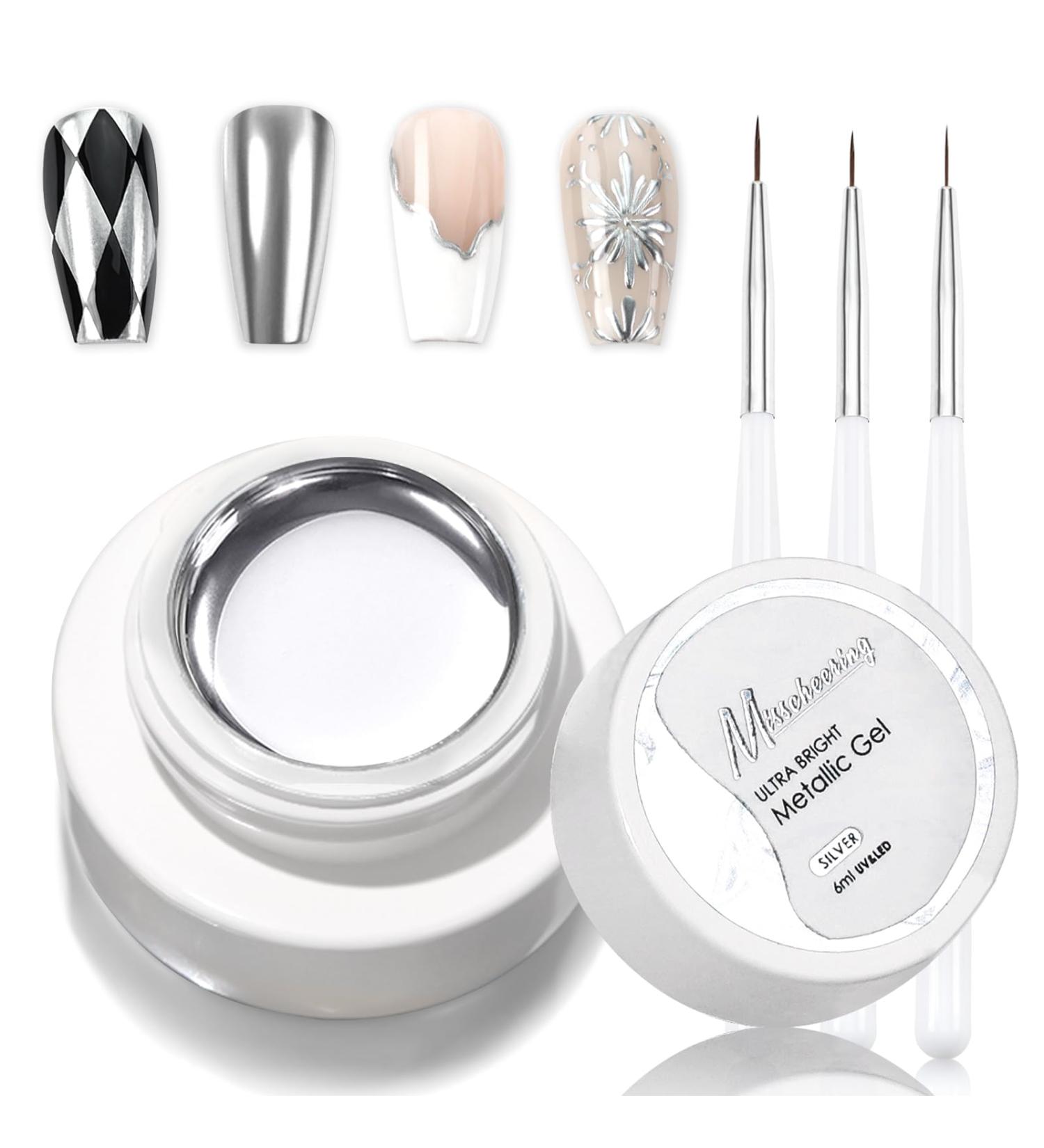 Erinde Silver Chrome Nail Polish with 3 Brushes Metallic Nail Varnish Nail Painting Kit Nail Art Polish DIY Nail Manicure Kit for Women Glossy Soak off UV/LED Mirror Effect High Shine White - Buy Online on GoSupps.com