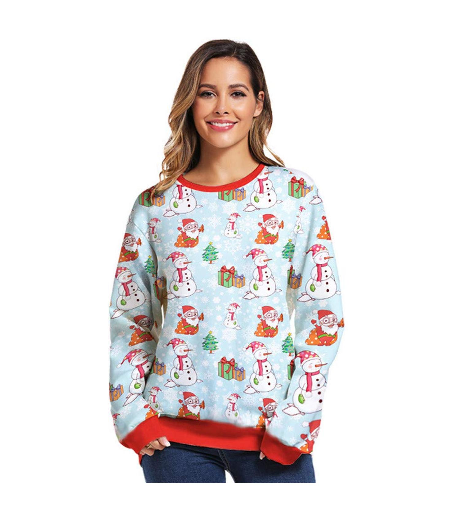 Bigfanshu Womans Fall Clothes 3D Print Christmas Long Sleeves O-Neck Pullover Sweatshirt Blouse Tops Light Blue - Buy Online on GoSupps.com