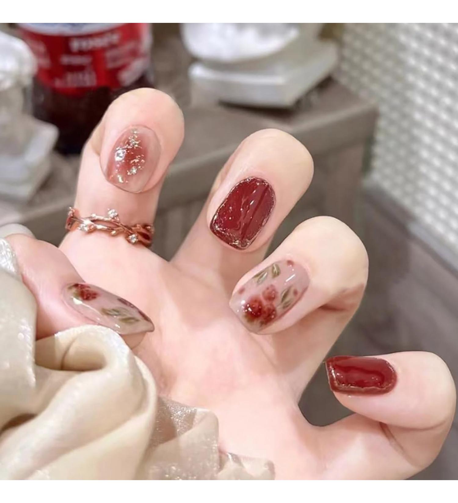 SINLOV Short Nude Red Gradient French Fake Nails Square Rose Flower False Nails Glossy Press on Nails Ballerina Acrylic Full Cover Nails for Women and Girls - Buy Online on GoSupps.com