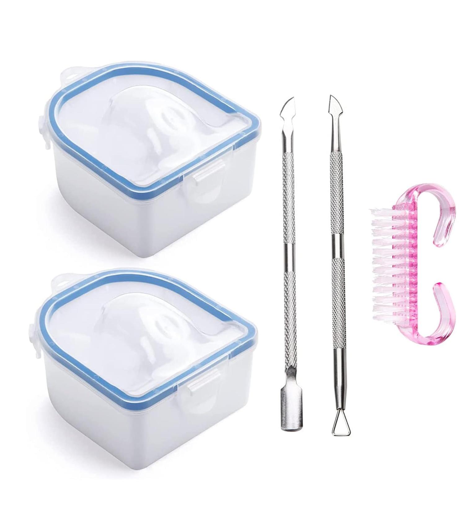 Nail Soaking Bowl Set - 2PCS Finger Soaking Bowls with Handle Grip, Brush, Cuticle Peeler, Stainless Steel Pusher - Nail Art Tool Kit for Fingernail Toenail Care - Buy Online on GoSupps.com