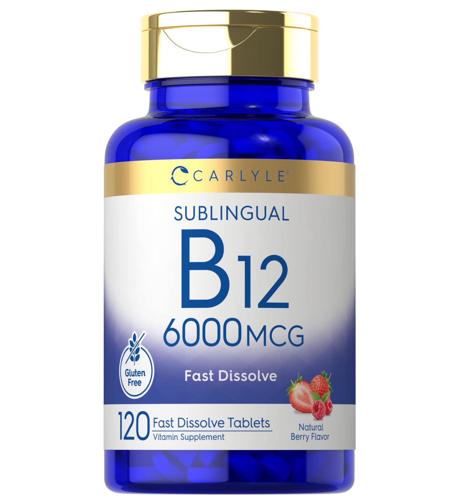 Carlyle Vitamin B-12 6000mcg Fast Dissolve Tablets - 120 Count | Natural Berry Flavor | Vegetarian, Non-GMO, Gluten-Free Sublingual Supplement - Buy Online on GoSupps.com