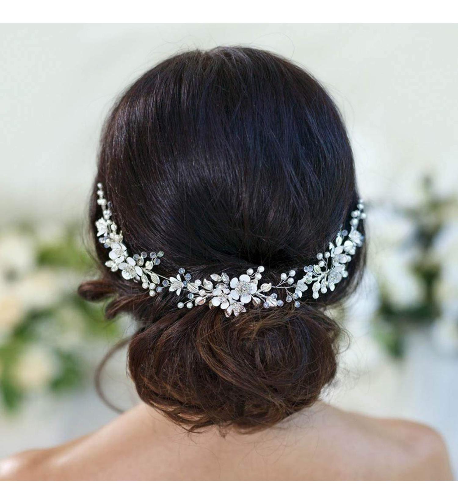 Handcess Flower Wedding Hair Vines Silver Pearls Crystal Headpieces Leaves Rhinestone Bridal Hair Accessoreies for Women and Girls - Buy Online on GoSupps.com
