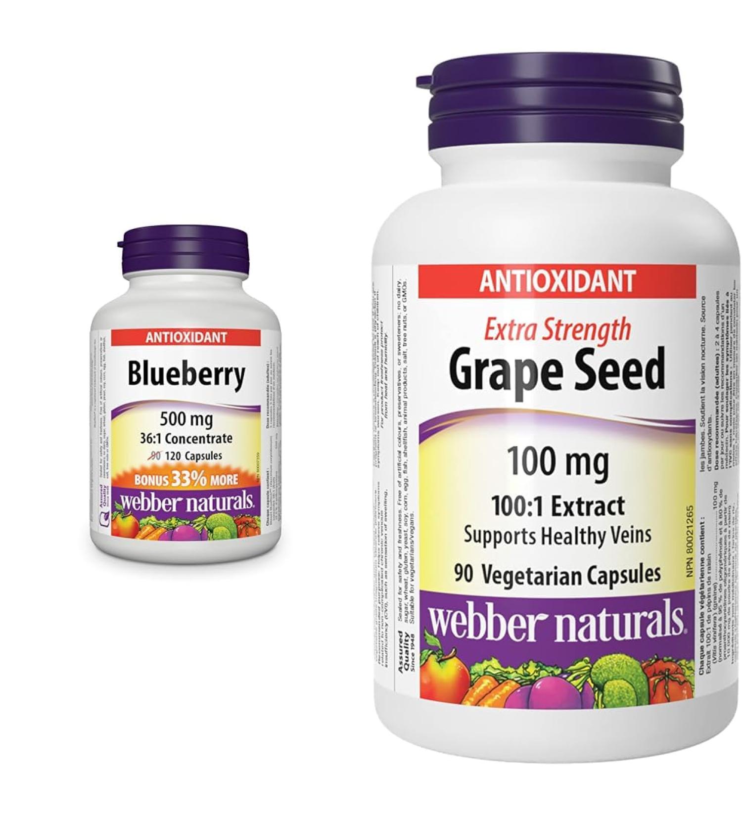 Webber Naturals Blueberry 120 Capsules Antioxidant Spport & Grape Seed 100 mg Extra Strength 90 Capsules Antioxidant Support Vegan Blueberry + Seed - Buy Online on GoSupps.com