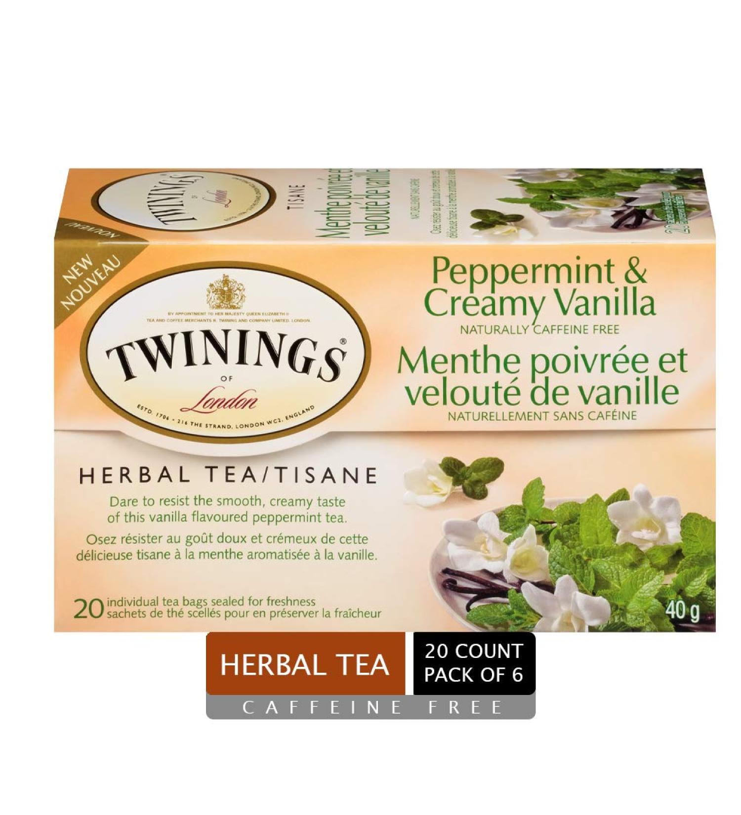 Twinings Peppermint & Creamy Vanilla Herbal Individually Wrapped Tea Bags | Naturally Caffeine-Free | Smooth & Creamy Vanilla Flavoured Tea | 20 Count (Pack of 6) | Enjoy Hot or Iced Peppermint & Creamy Vanilla 20 Count (Pack of 6) - Buy Online on GoSupps.com