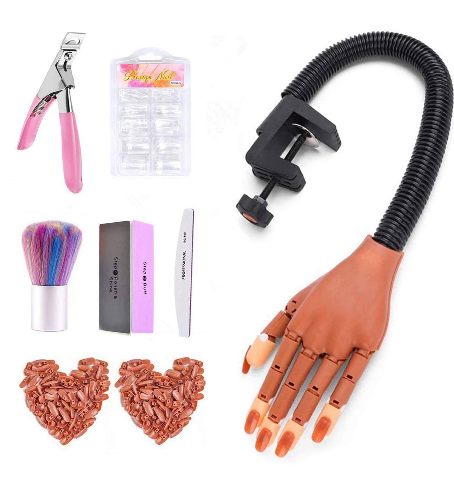 Acrylic Nails Practice Hand Kit - Flexible & Moveable False Mannequin Hand with Fake Nail Tips, Nail Files, and Clipper - Brown - Buy Online on GoSupps.com