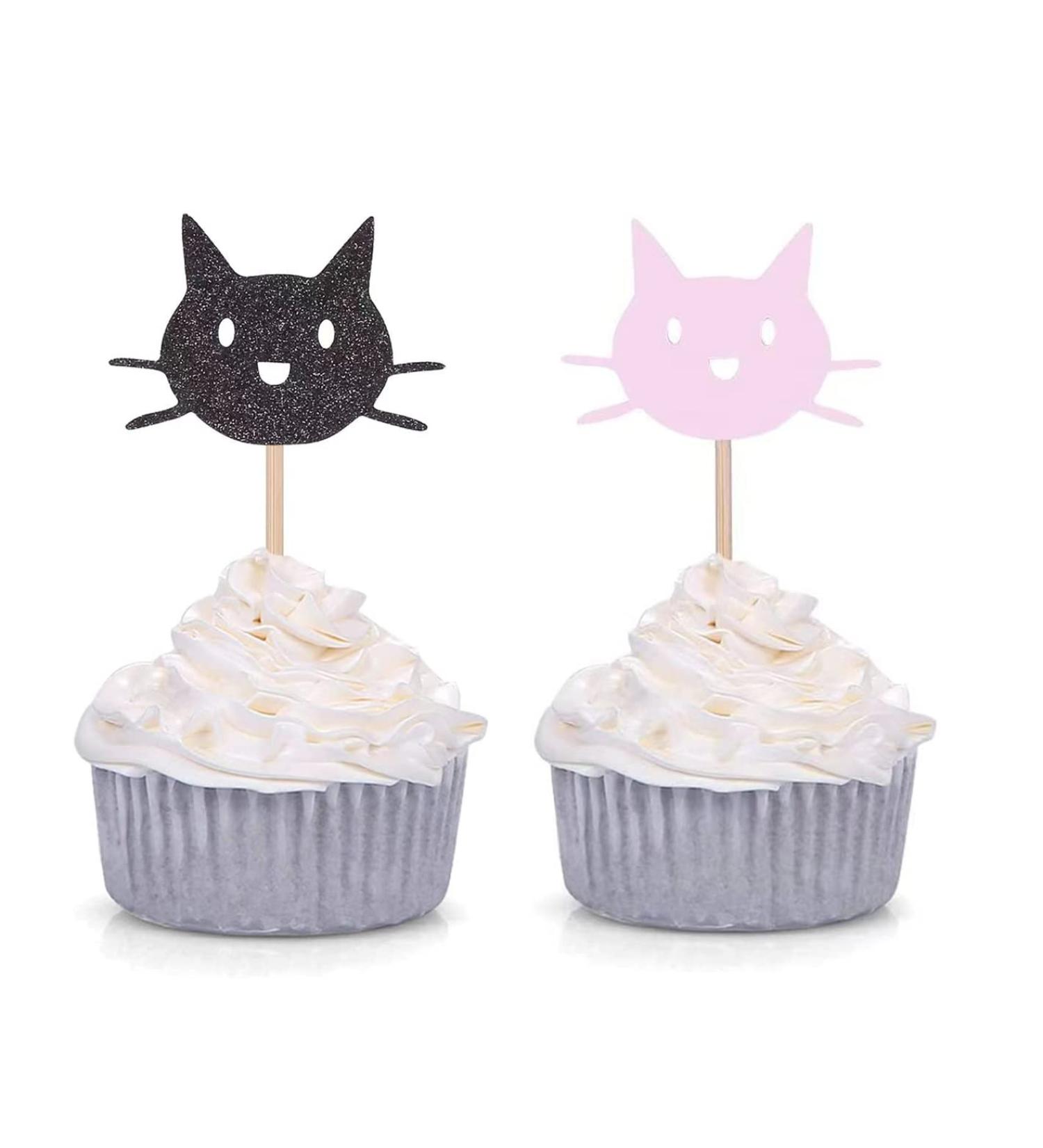 24 Counts Black and Pink Cat Cupcake Toppers Baby Girl's Birthday/Cat Lover/Kitten Pet Theme Party Decorations