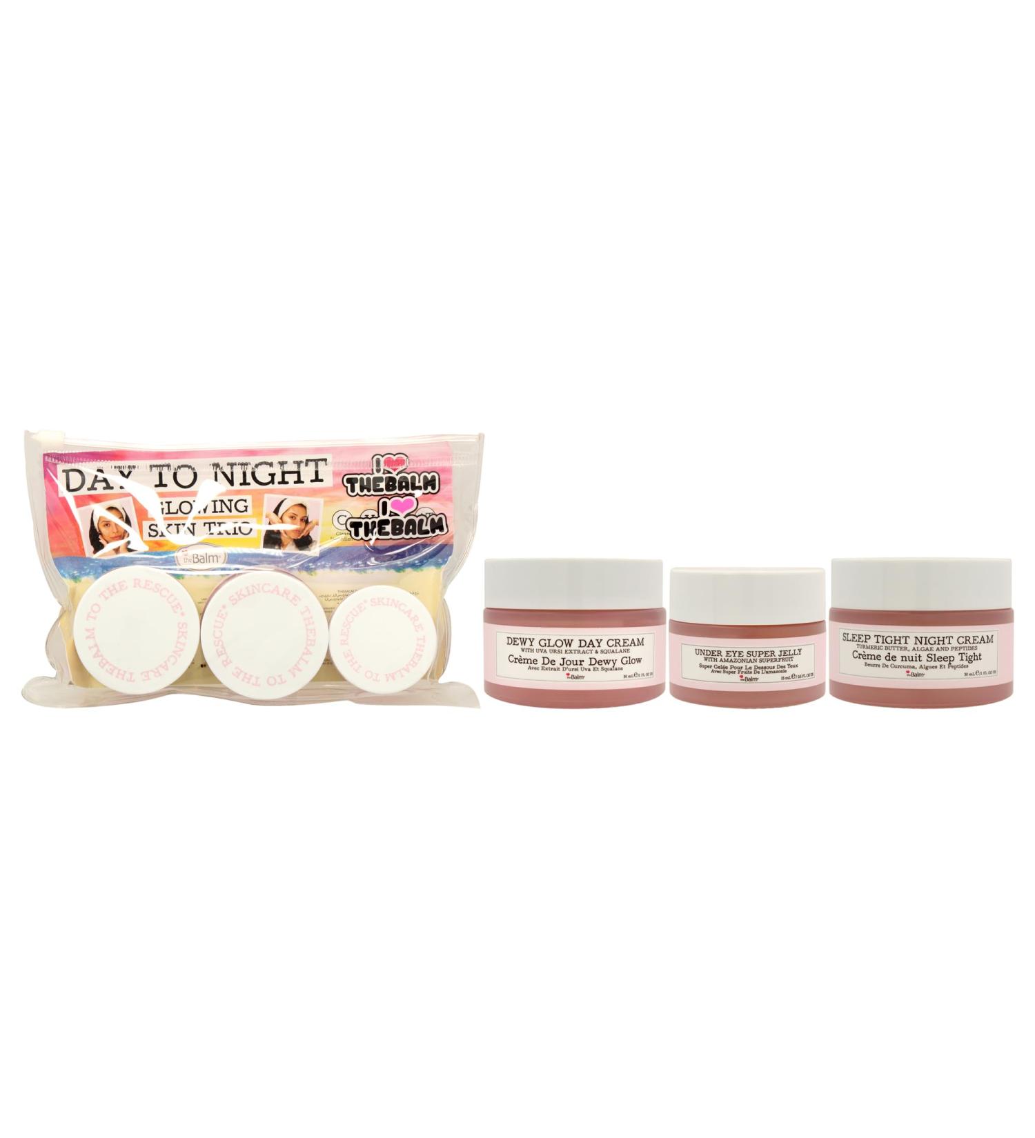 Buy Day To Night Glowing Skin Trio by the Balm - Dewy Glow Day Cream Under Eye Super Jelly & Sleep Tight Night Cream - International Shipping Available - Buy Online on GoSupps.com