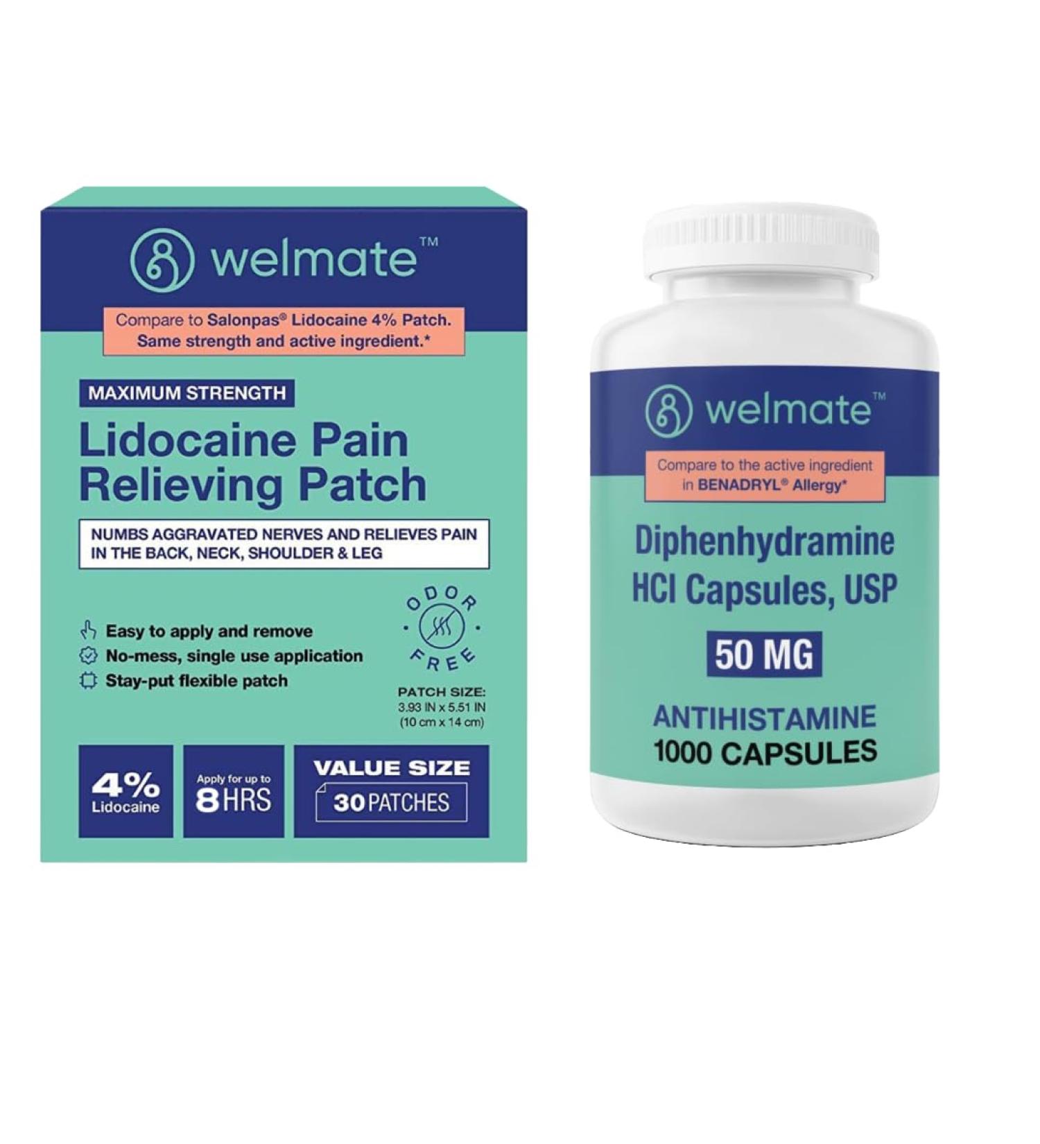 WELMATE Pain Relief & Sleep Support Kit: 4% Lidocaine Numbing Patch (30 Ct) & Nighttime Sleep-Aid Diphenhydramine 50mg (1000 Ct) - Buy Online on GoSupps.com