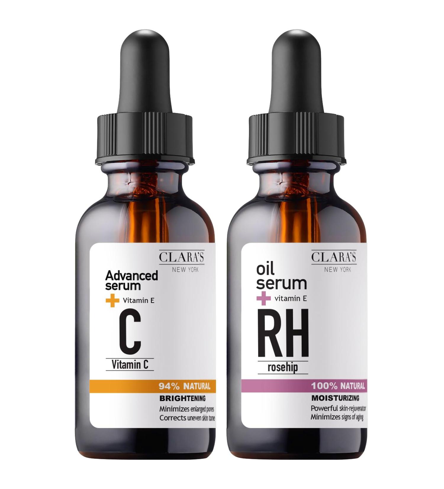 CLARA'S NEW YORK Natural Glowing Facial Serum Duo (Natural 100% Rosehip Oil serum 30ml & Natural 94% Vitamin C Face Serum 30ml) with Niacinamide and Hyaluronic Acid Vitamin E Made in USA - Buy Online on GoSupps.com