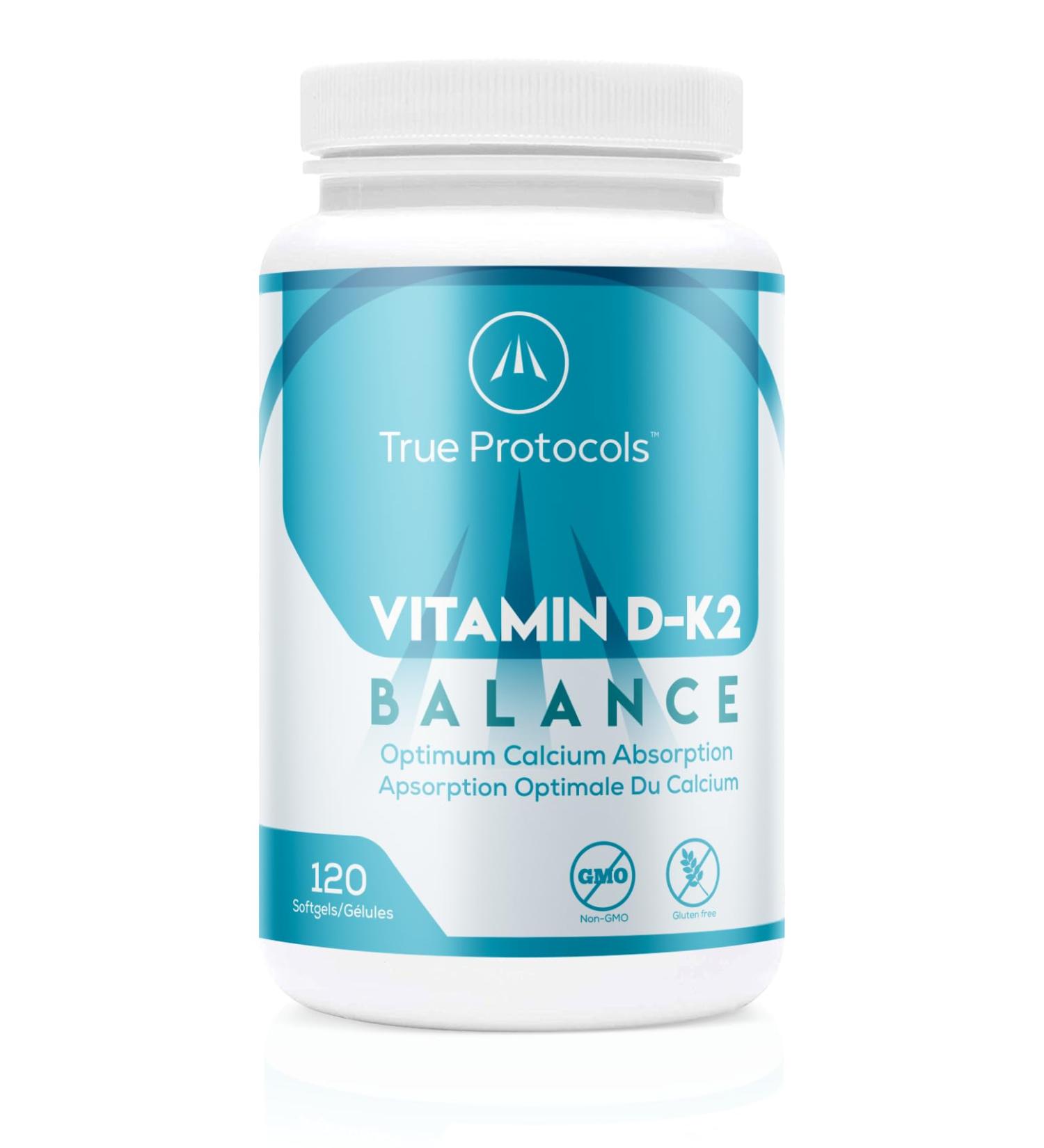 TRUE PROTOCOLS - Vitamin D-K2 Balance - Vitamin D3 (1000 IU) + Vitamin K2 MK7 (120 mcg) + Vitamin A (500 IU) - 120 Bioavailable Softgels For Strong Bones & Improved Muscle Function - 100% Non-GMO D3 K2 A Supplement 120 count (Pack of 1) 120.0 - Buy Online on GoSupps.com