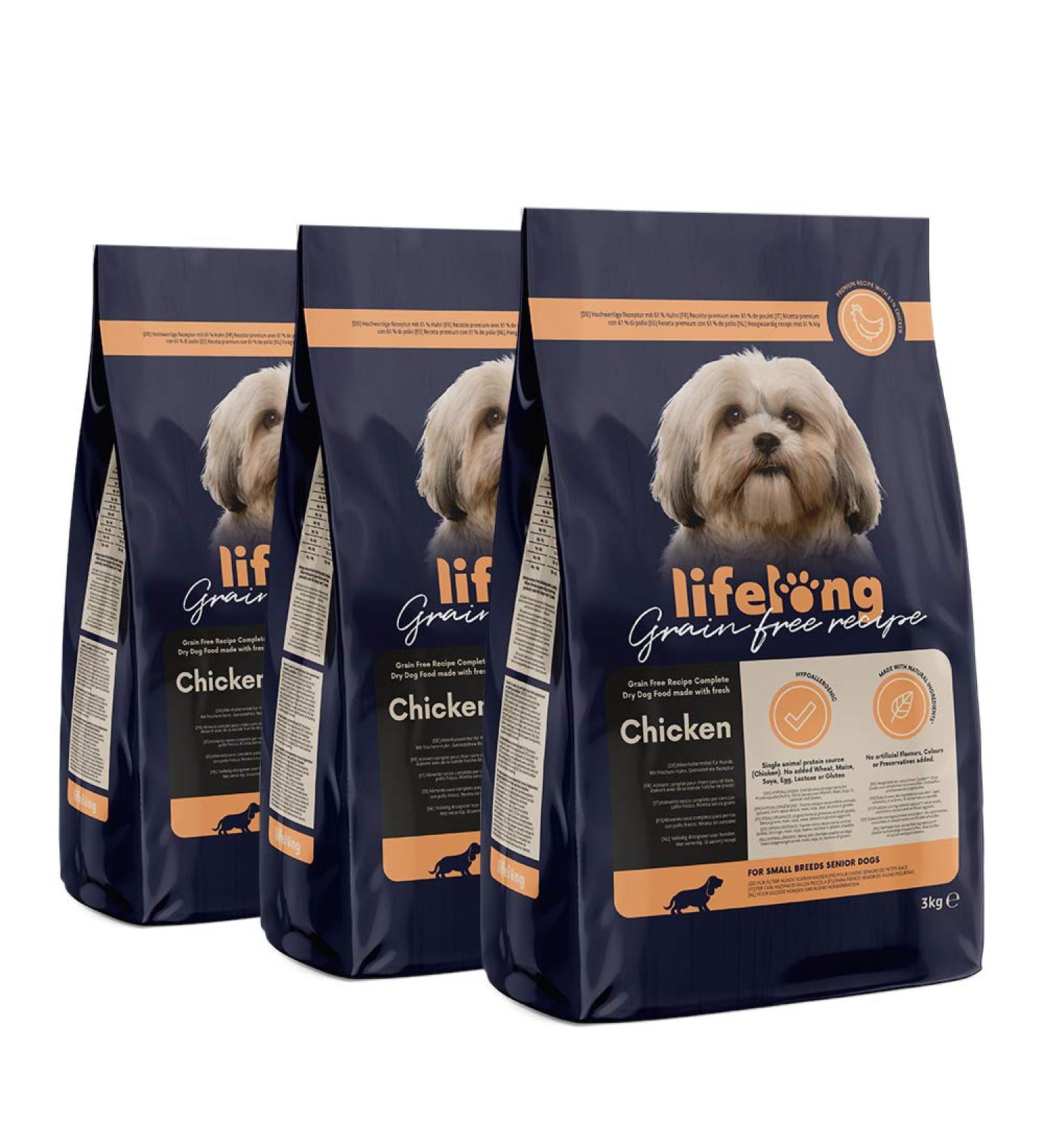 Amazon Brand - Lifelong Complete food for senior dogs of small breed without cereals made with fresh chicken meat - 3kg*3 - Buy Online on GoSupps.com