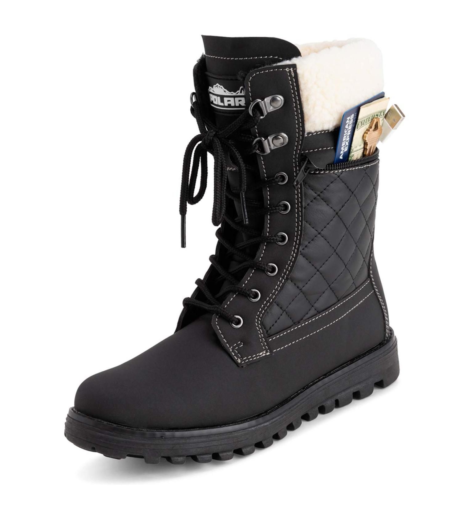 POLAR Women's Thermal Waterproof Snow Boots 7 Black Leather/Beige Shearling - Buy Online on GoSupps.com