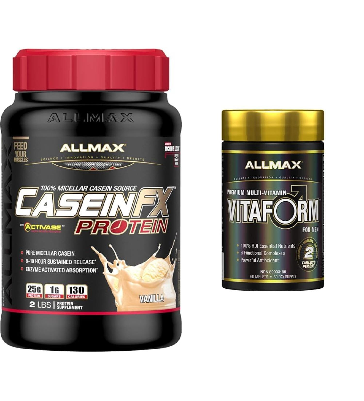 ALLMAX CASEIN-FX Vanilla 2lb & VITAFORM - Premium - Performance Multi-Vitamin for Men - 30-day Supply - 60 Count - Buy Online on GoSupps.com