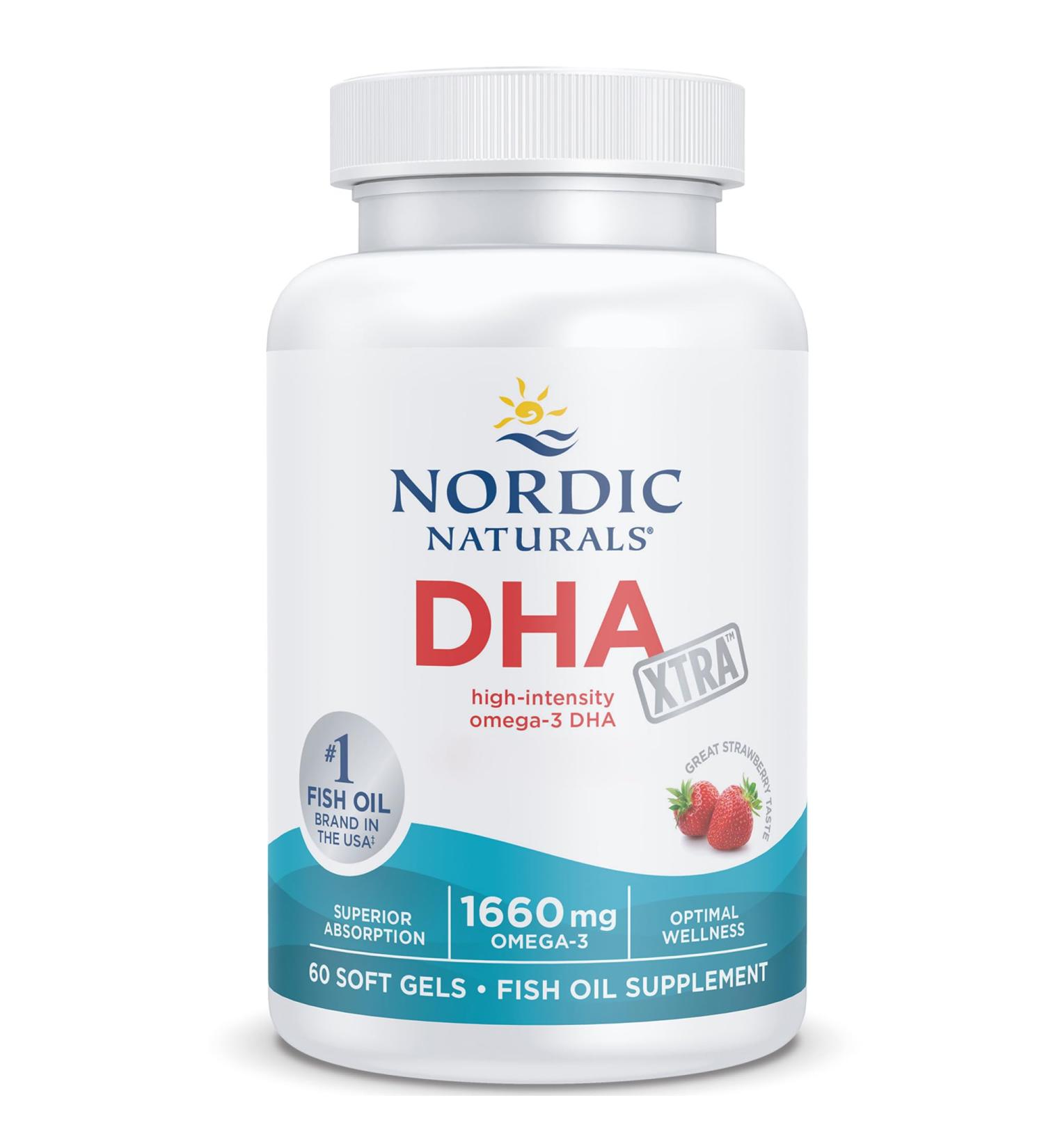 Nordic Naturals DHA Xtra 1660mg Omega-3 Fish Oil with EPA and DHA Strawberry Taste 60 Soft Capsules Lab Tested Soy Free Gluten Free Non-GMO - Buy Online on GoSupps.com