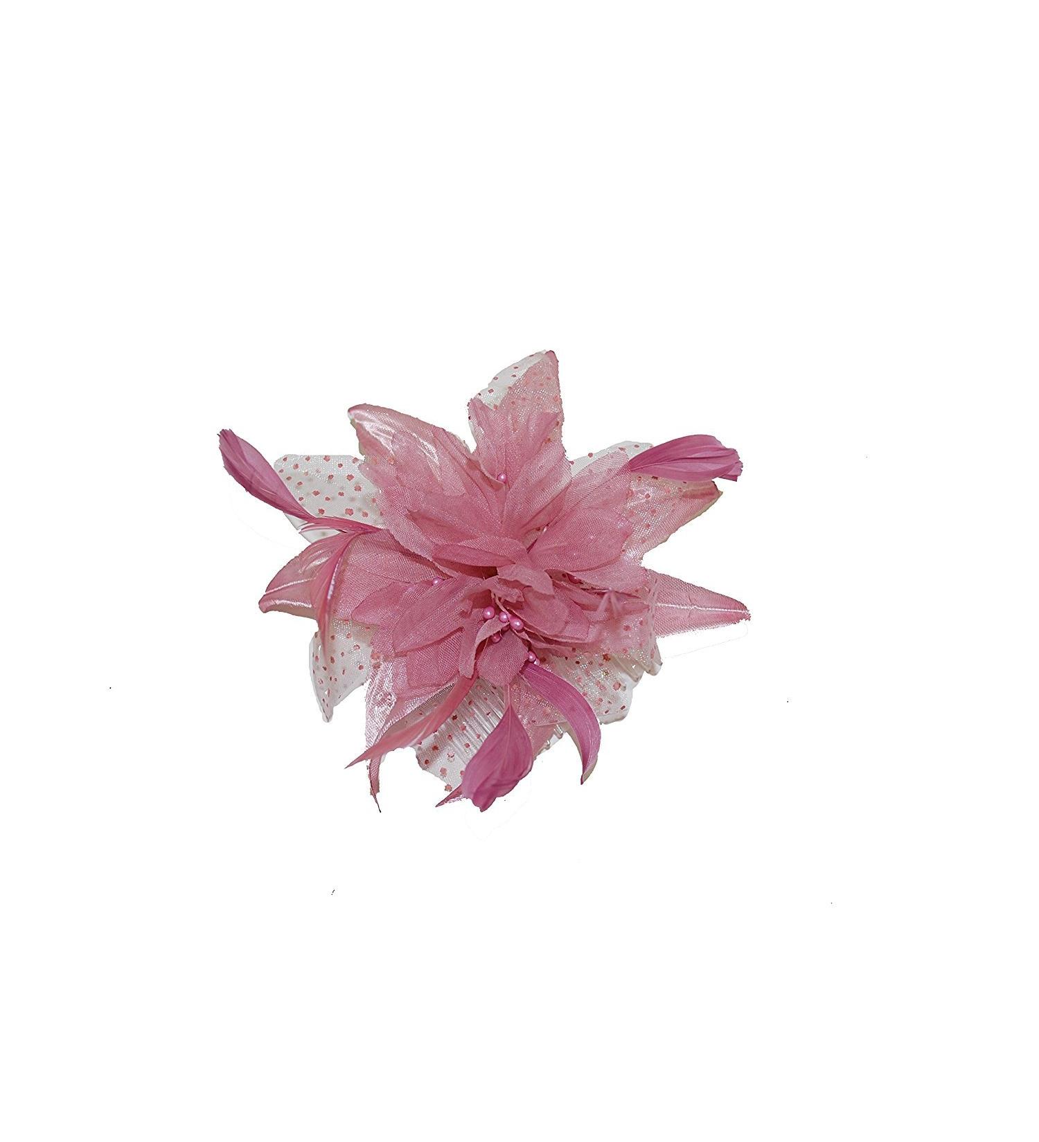 Pink chiffon flower and feather fascinator on comb. Ideal for weddings and other special occasions.