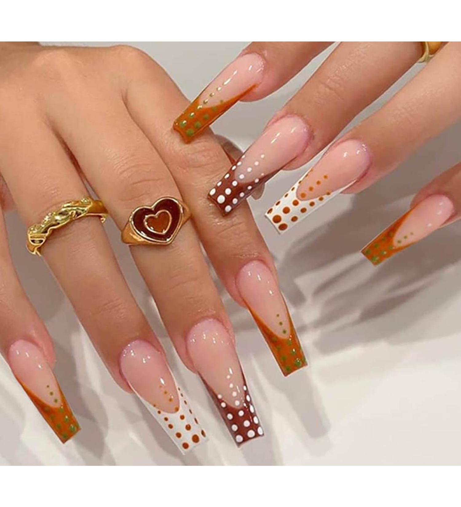 Vatocu Shiny False Nails - Long French Acrylic Nails in Nude & Brown Wave Point - 24 Pieces for Women & Girls - Buy Online on GoSupps.com