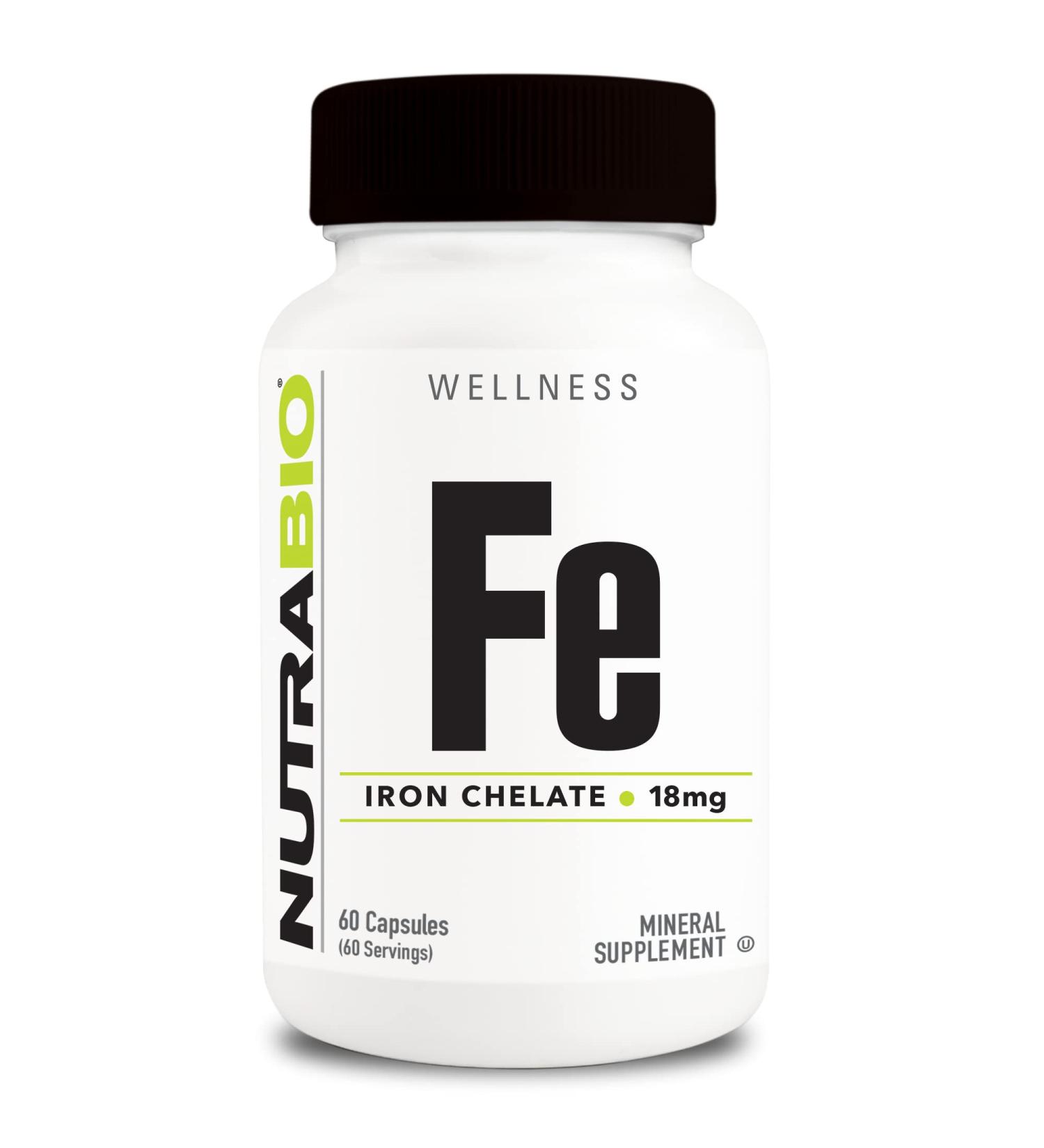 NutraBio Iron Chelate (18mg) - Supports Red Blood Cell Health - 60 Capsules - Buy Online on GoSupps.com