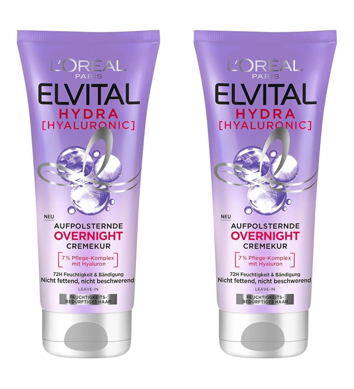 L'Or al Paris Elvital Moisturizing Haarmask Leave in for shiny and healthy hair overnight with hyaluron for a moisture boost Hydra Hyaluronic Overnight Mask 1 x 200 ml 200 ml (2 Pack)