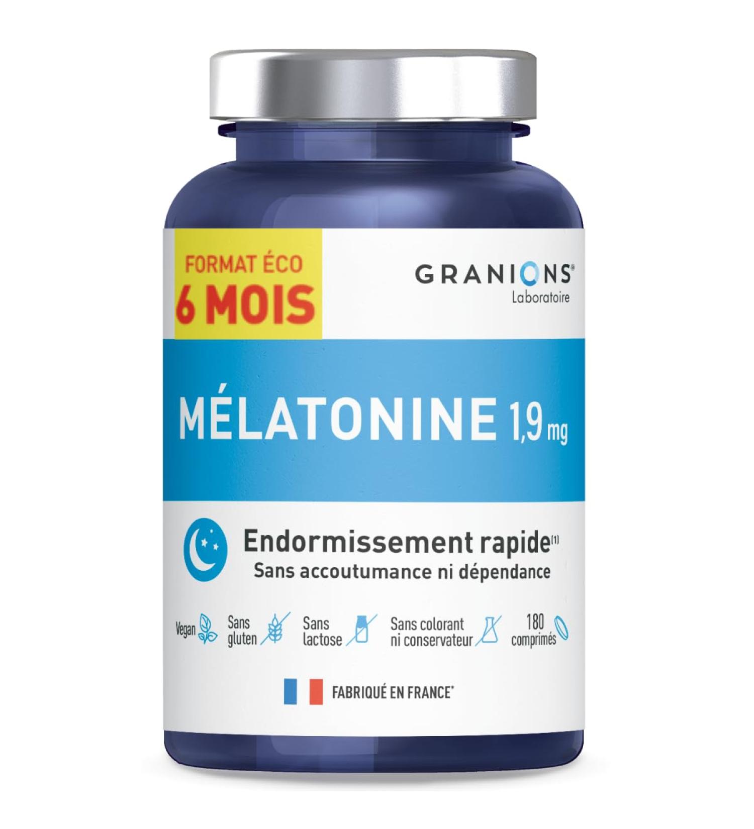 Melatonin 1.9mg | GRANIONS | MADE IN FRANCE | Powerful Sleep Supplement | Sleep Aid | Sleep Disorder Jetlag Jet Lag | 180 Tablets | Eco Format 6 Months - Buy Online on GoSupps.com