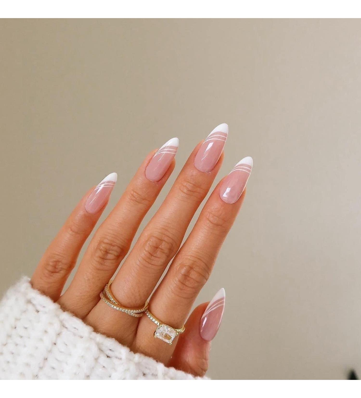 JUSTOTRY 24 Pcs Almond False Nails Short White French Press on Nails Patterns Pretty Nude Fake Nails Short with Nail Glue Swirl Stiletto Stick on Nails for Women Nails Fake Nail for Nails Art white French & nude