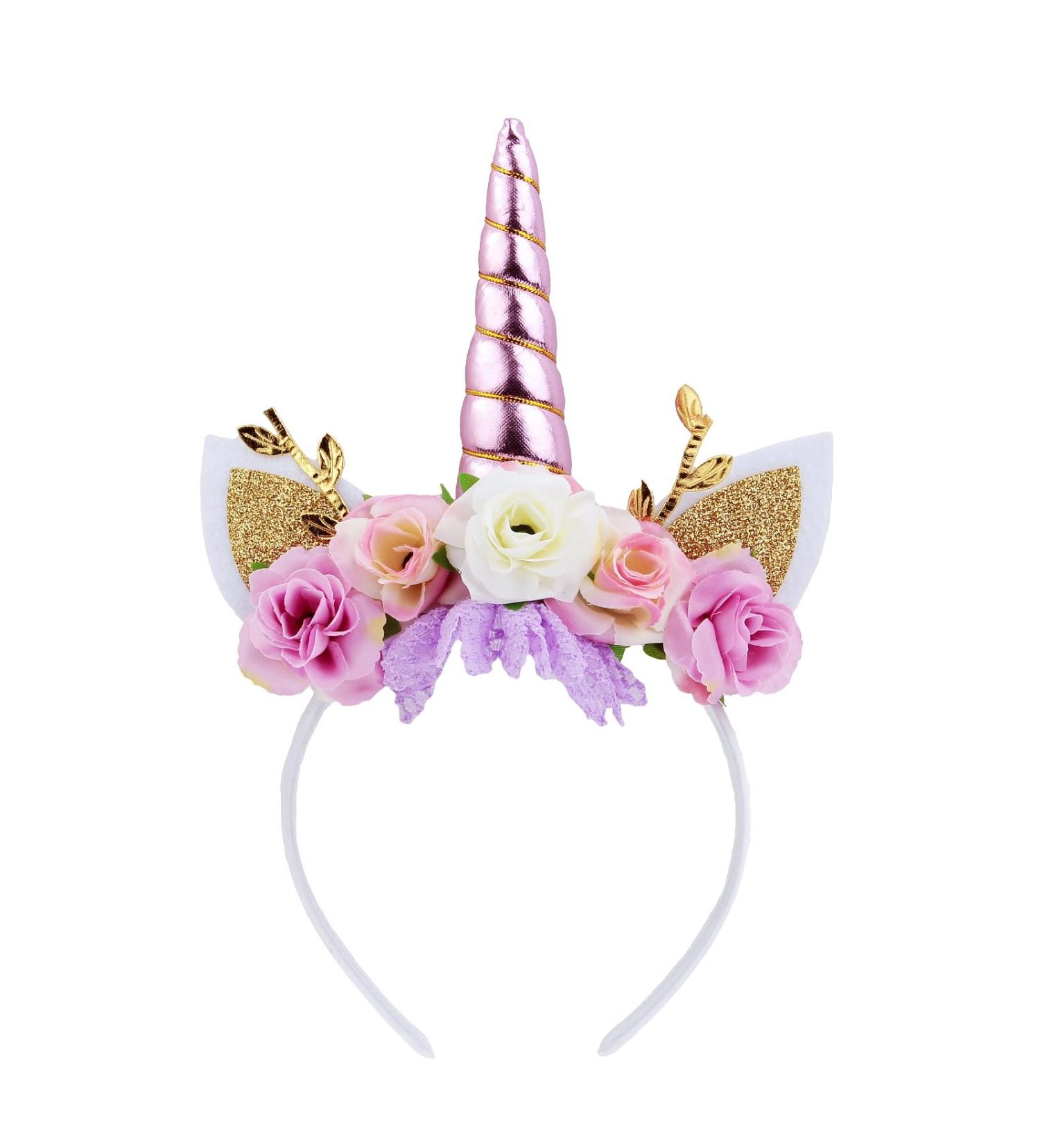Nishine Unicorn Horn Floral Headband Glitter Ears Pony Head Bands Tiara for Girls Party Birthday Cosplay (Pink&Ivory) - Buy Online on GoSupps.com
