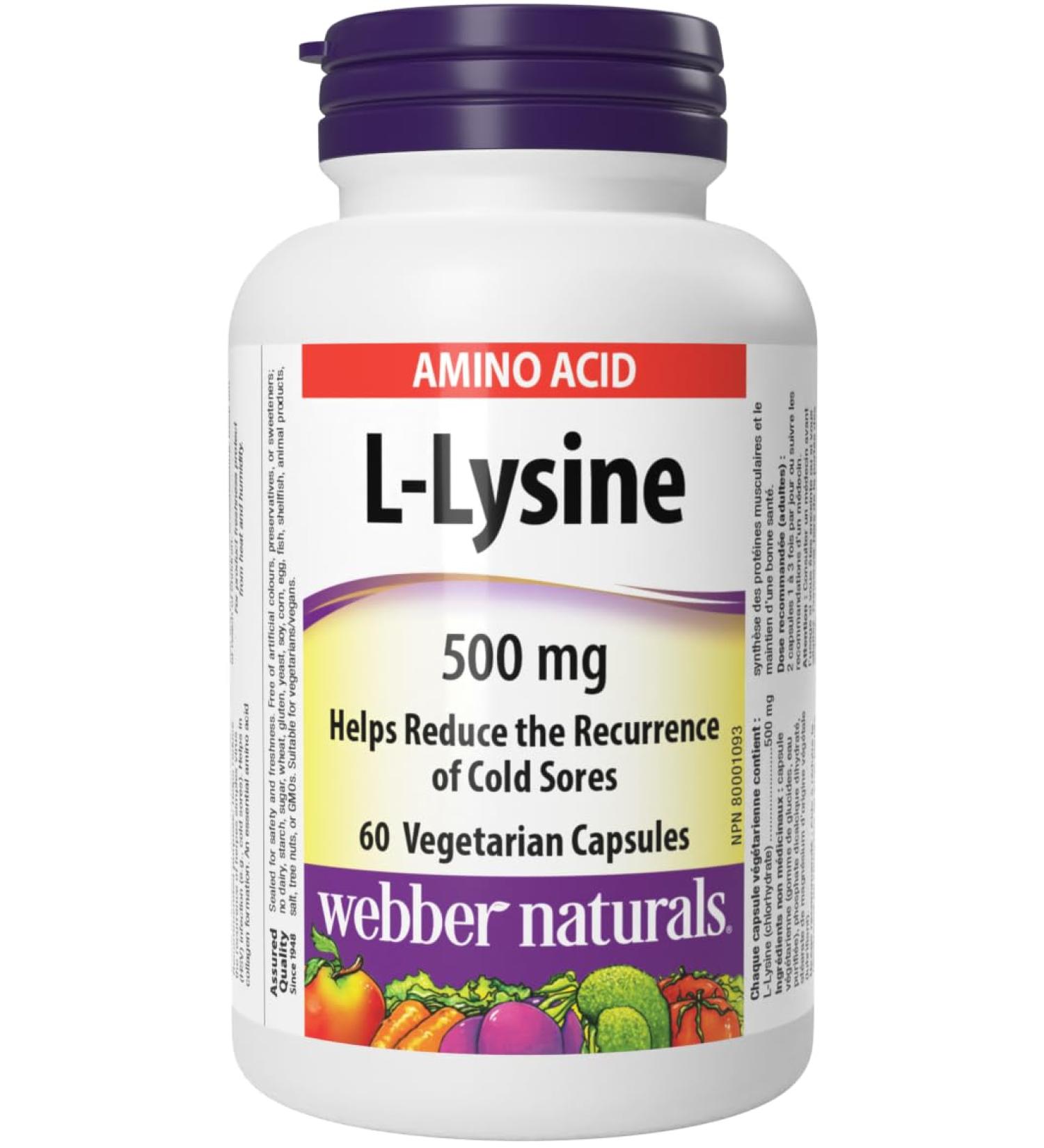 Webber Naturals L-Lysine 500 mg 60 Capsules Prevents Cold Sores Vegan - Buy Online on GoSupps.com