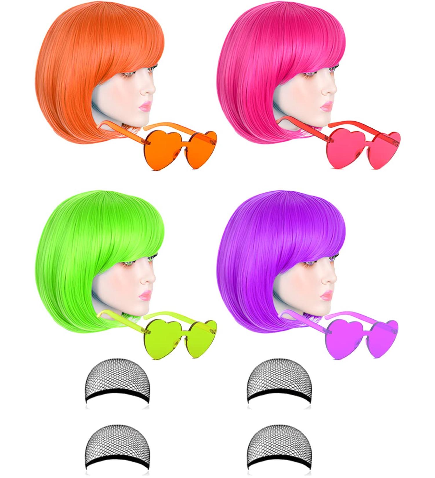 Funky Colorful Wig Set with Heart Sunglasses Neon Party Halloween Costume One Size Fits All Orange Rose Red Purple 4 Pack