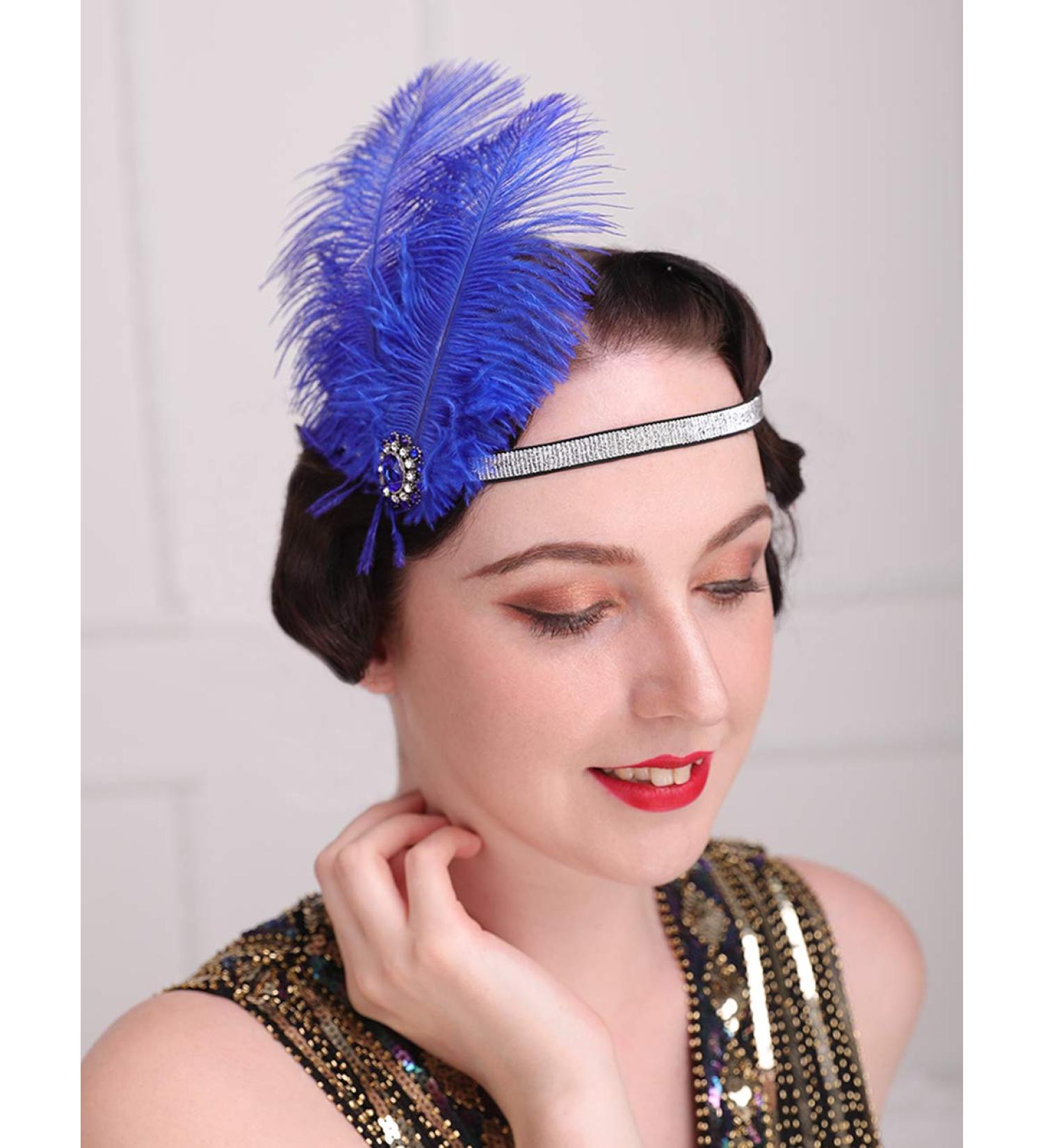 Anglacesmade 1920s Flapper Peacock Feather Headband Royal Blue with Elastic Band Costume Feather Headpiece Great Gatsby Hair Jewelry for Women and Girls - Buy Online on GoSupps.com
