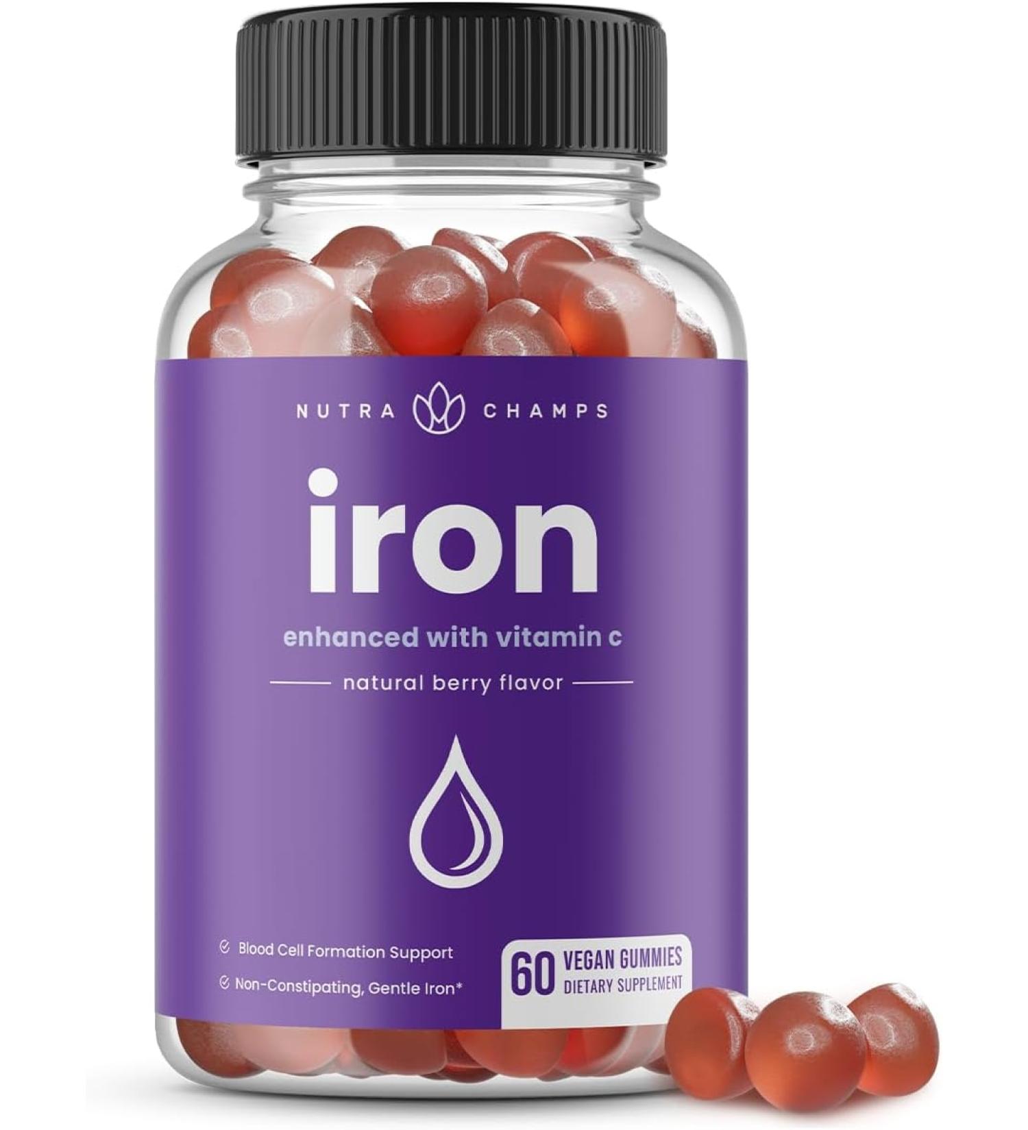 NutraChamps Iron Gummies with Vitamin C 20mg Iron Gummies for All Blood Cell Formation Support Vegan Iron Gummy for Iron Deficiency & Anemia Energy Focus Immune Boost 60 Gummies - Buy Online on GoSupps.com