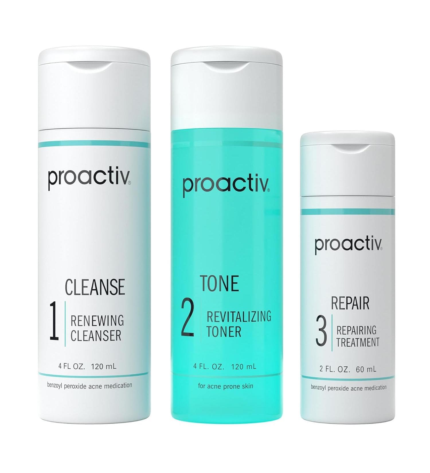 Proactiv 3 Step Acne Treatment System with Benzoyl Peroxide Face Wash Exfoliating Toner Repairing Spot Treatment 60 Day Complete Skin Care Kit - Buy Online on GoSupps.com