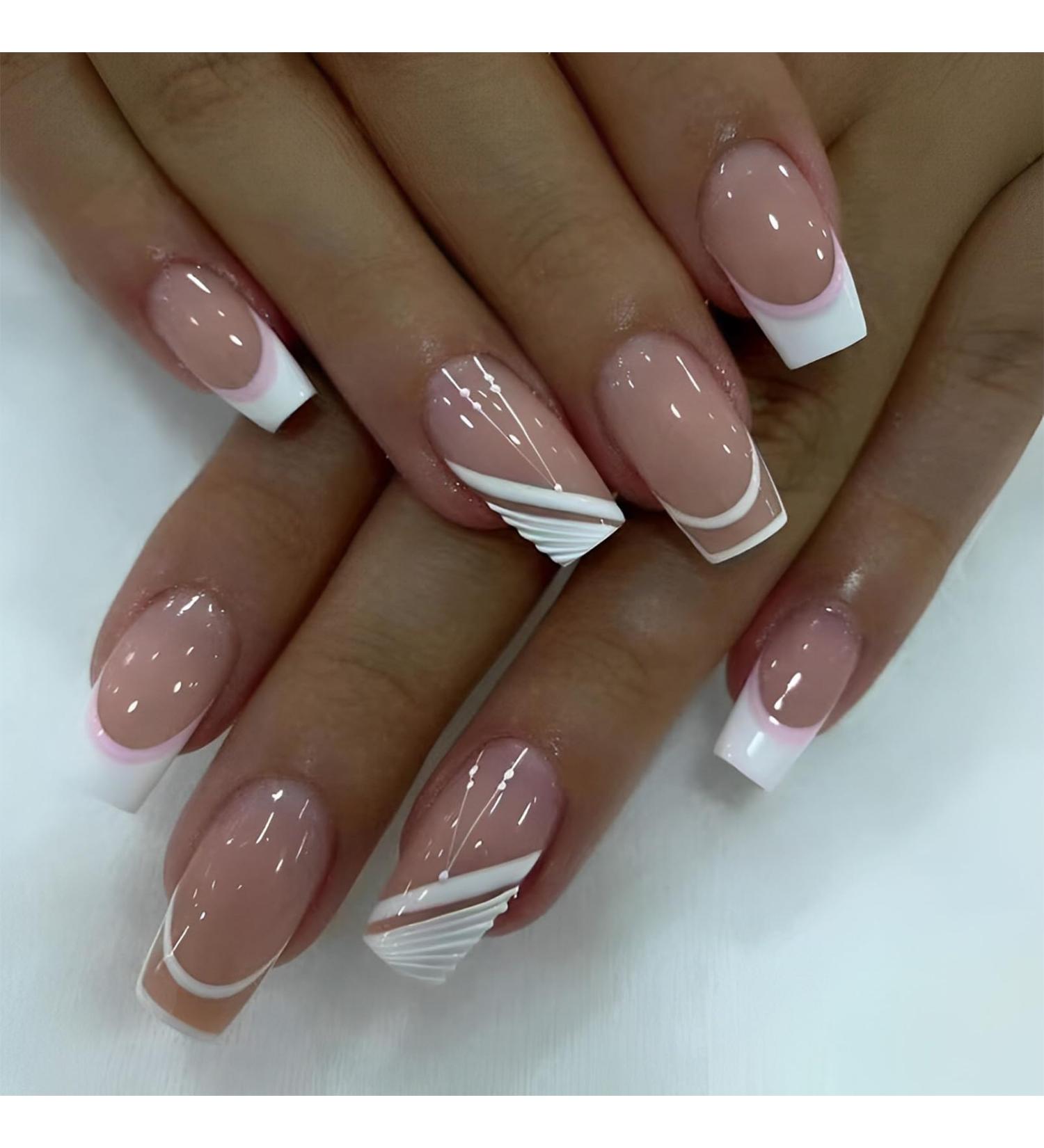 French Style False Nails Medium Length Pink and White Stick on Nails 24pcs Square Press On Nails with Glue Elegant Ballet Heart Design Sweet Fake Nails for Women Girls (Sweet French) - Buy Online on GoSupps.com