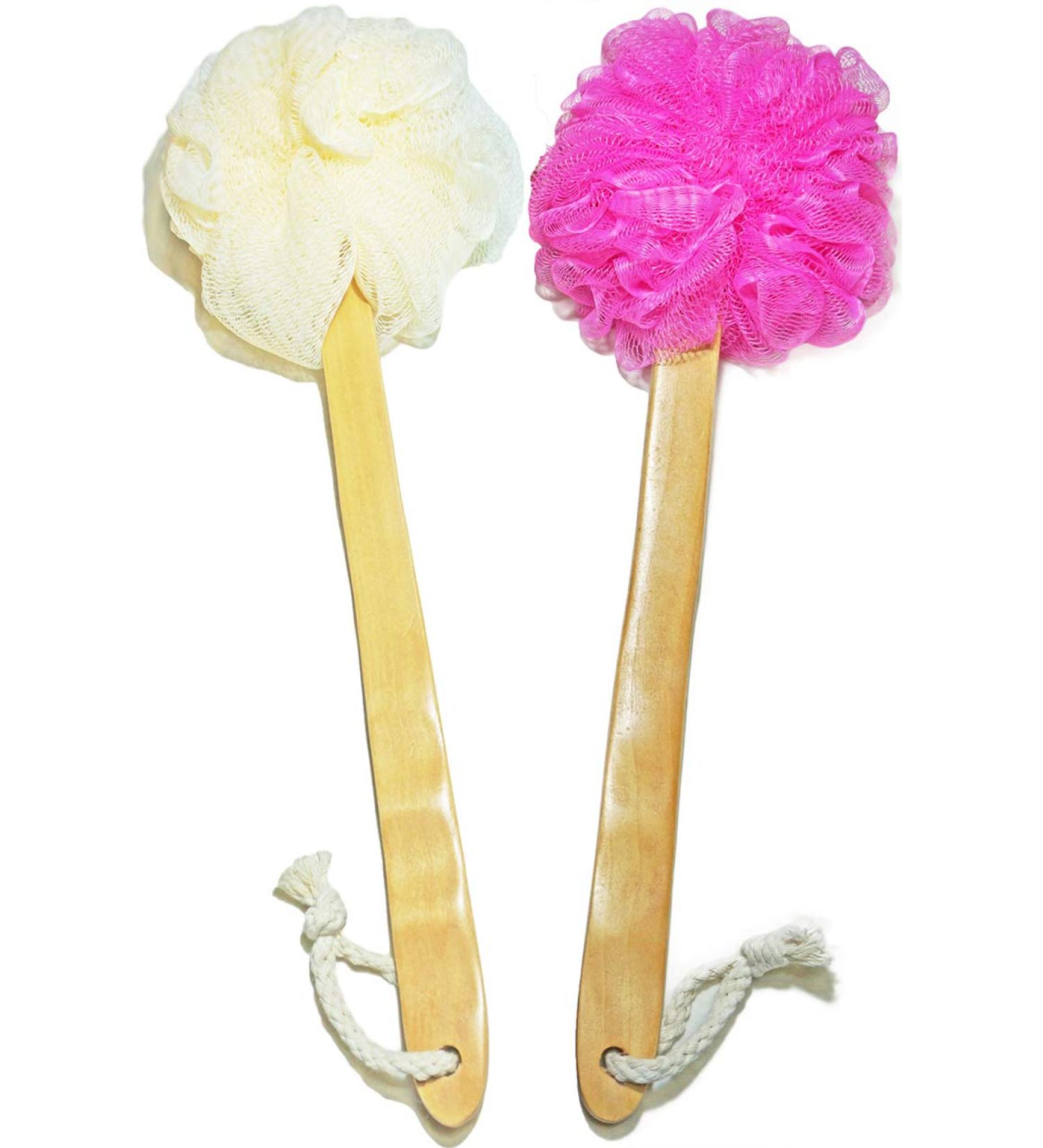 Shower Loofah Body & Back Scrubber 2 PACK - Exfoliating Bath Brush with Long Wooden Handle - For Men & Women - Easy Reach Body Wash Applicator - Buy Online on GoSupps.com
