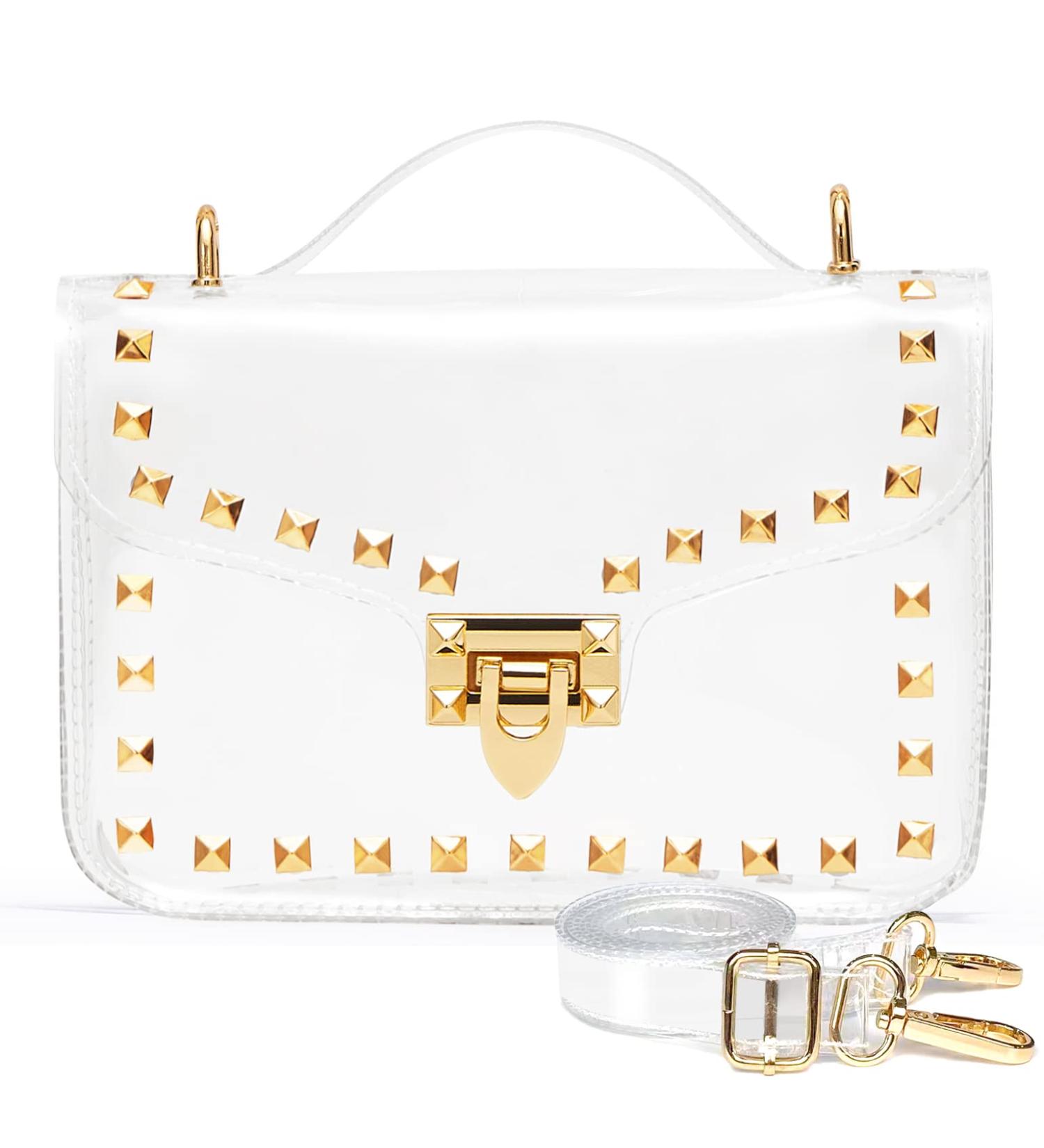 Small Clear Crossbody Stadium Bag with Fashion Golden Square Rivet Decor - Buy Online on GoSupps.com