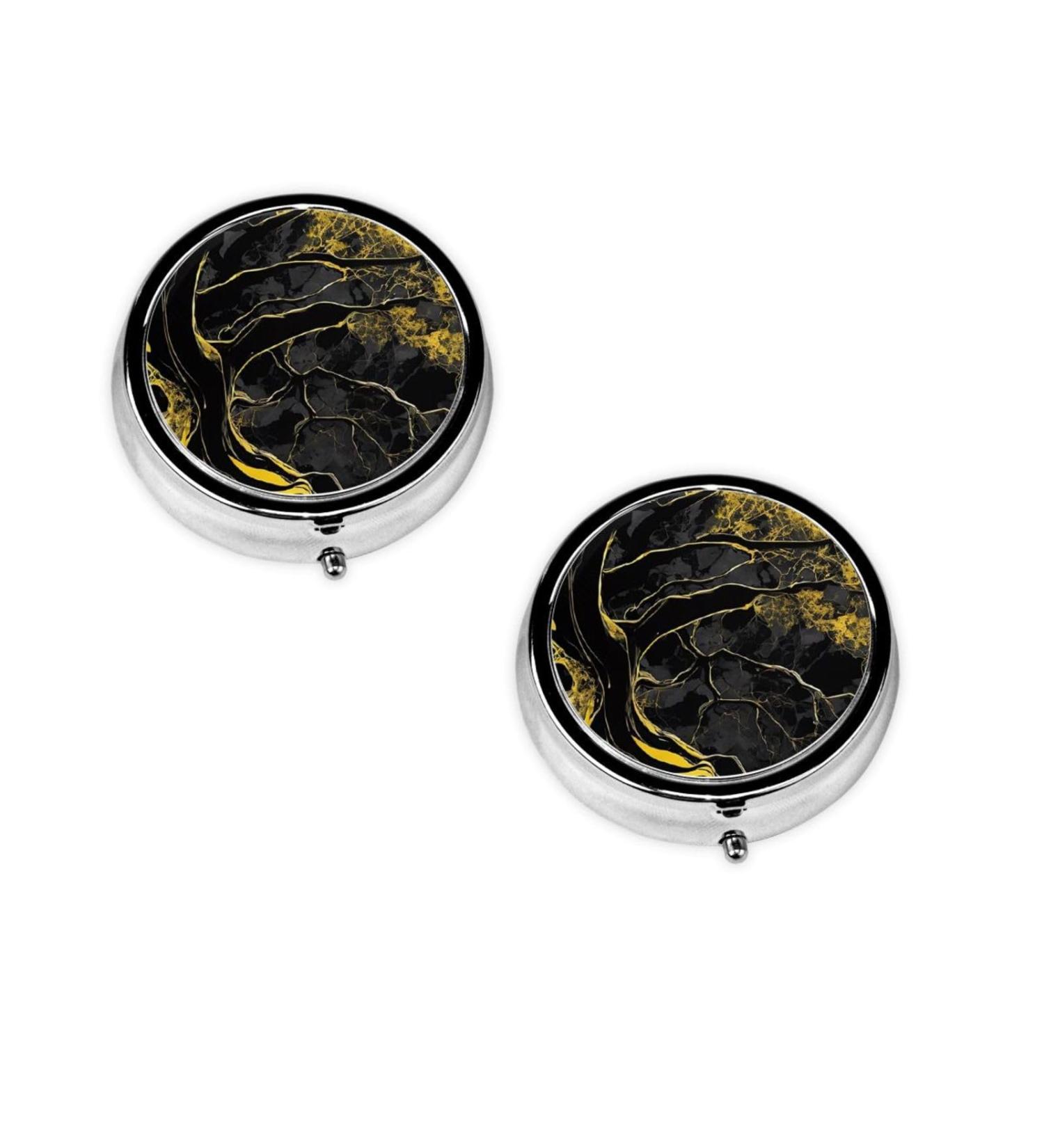 Gold & Black Mini Round Pill Box | 3 Compartment Travel Organizer | Portable Medicine Case for Home & Office - Buy Online on GoSupps.com