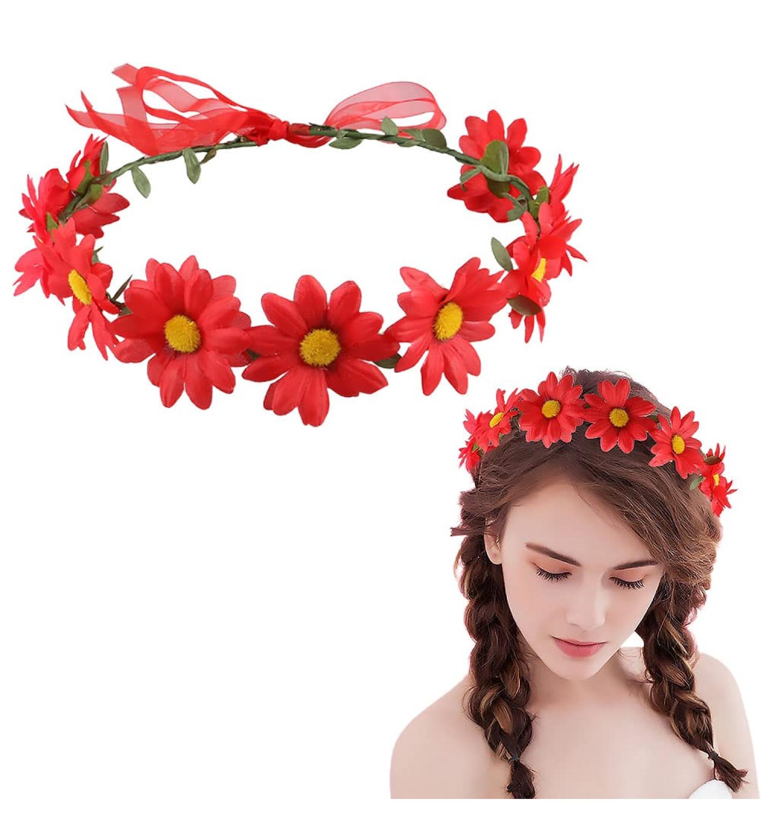 Drokit Red Daisy Flower Headband - Boho Floral Wreath for Women and Girls - Buy Online on GoSupps.com
