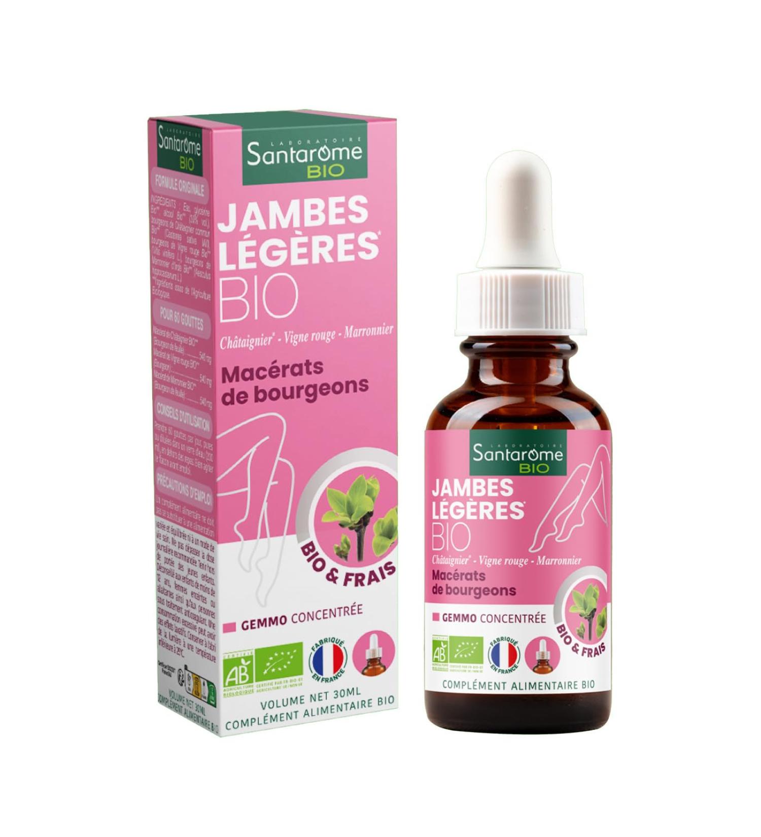 Santarome Bio - Organic Light Legs - Bud Macerate - Circulation Food Supplement - Heavy Legs Venous Pain - Buds - Chestnut Red Vine Chestnut - Bottle 30 ml - Buy Online on GoSupps.com