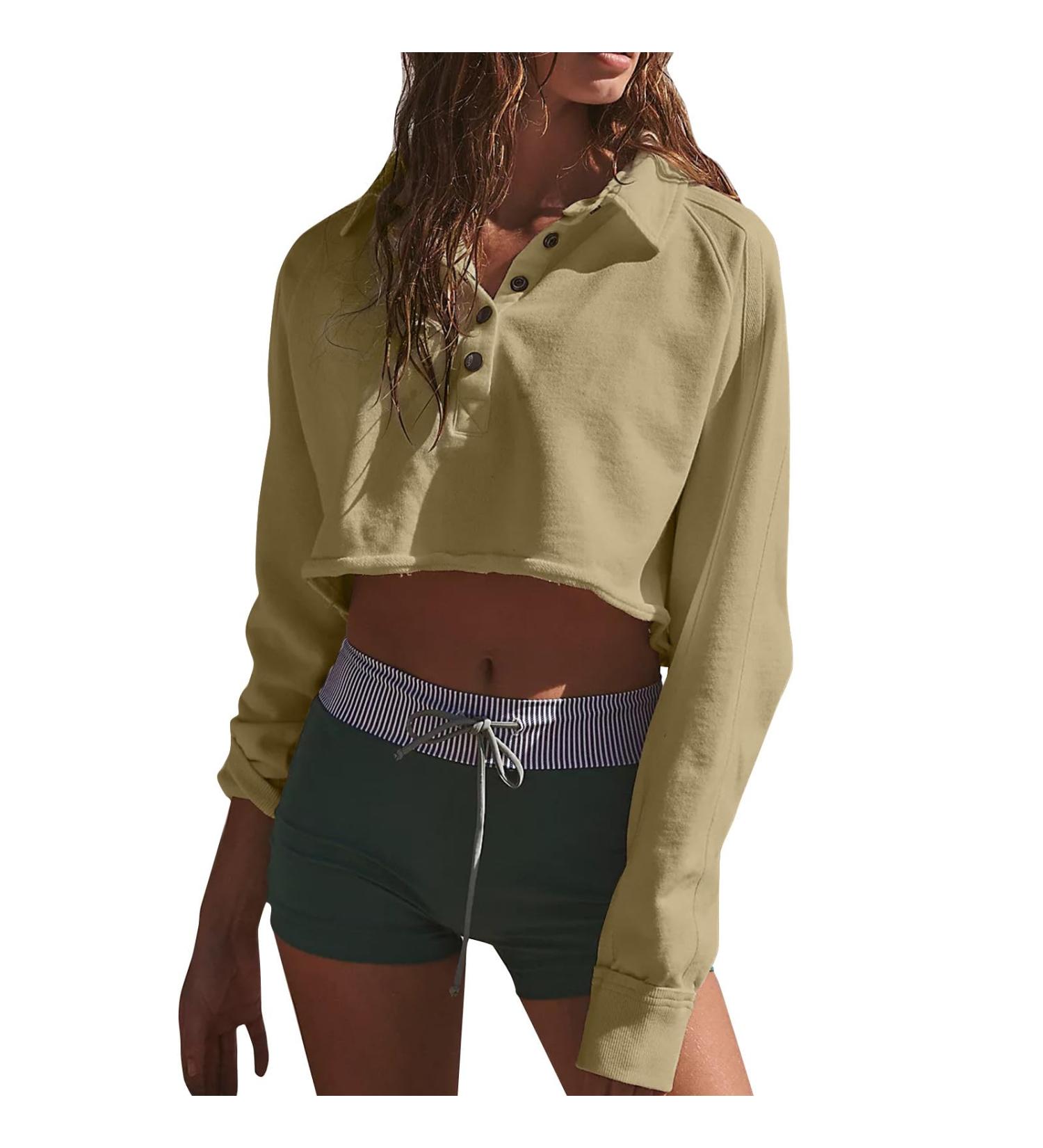 Buy Midelxp 2023 Fall Women's Oversized Sweatshirt - Cropped Polo Collar Beach Hoodie Long Sleeve Casual Pullover Top in A1-Green - International Shipping Available - Buy Online on GoSupps.com