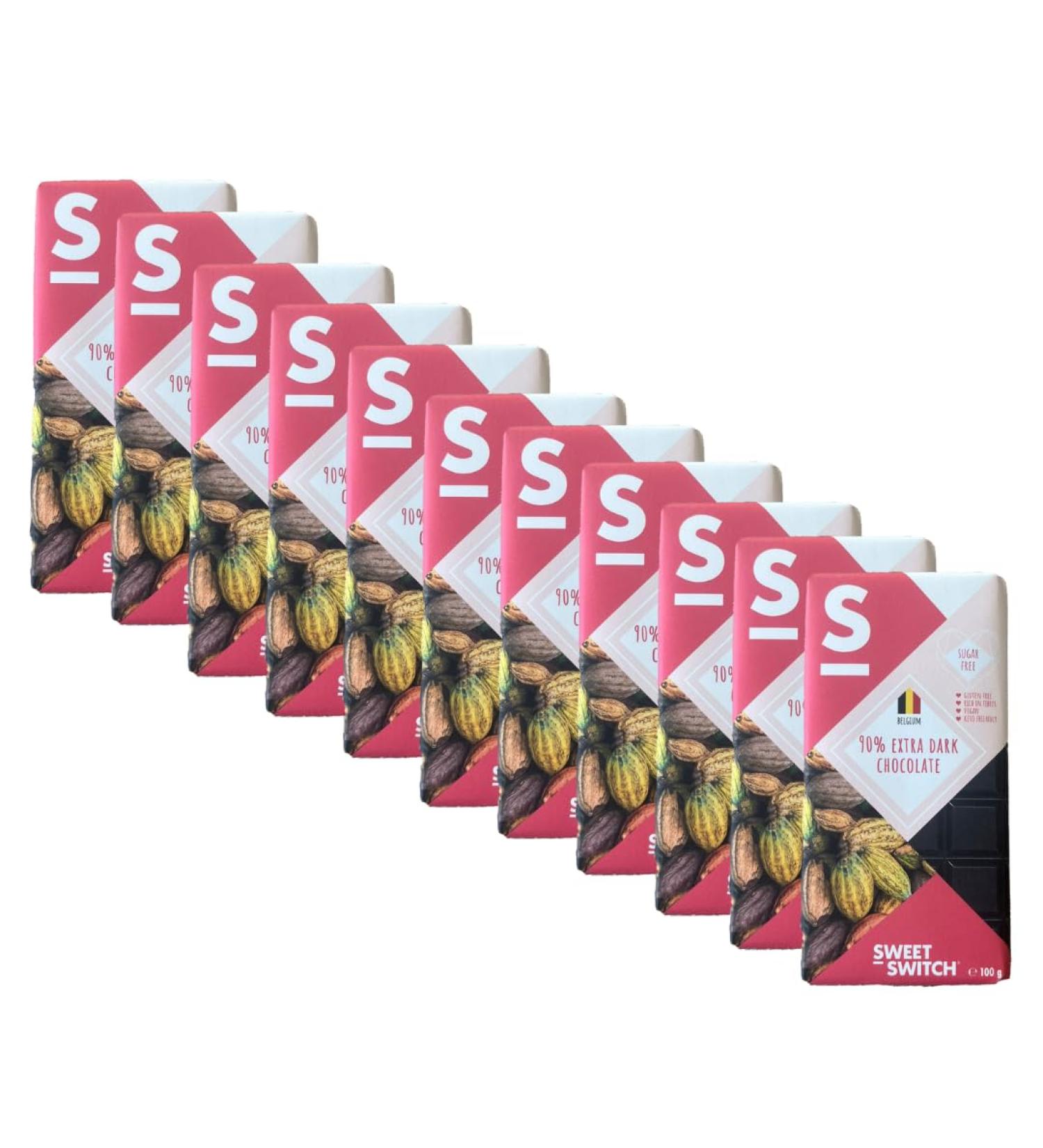SWEET-SWITCH - 12 x 100 g - 90% pure Belgian chocolate - Sugar free - Gluten free - Vegan - KETO - Buy Online on GoSupps.com