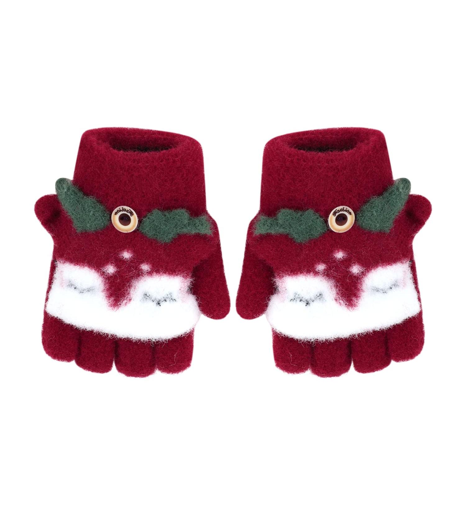 Kids Puppy Flip Top Gloves | Short Knitted Half Finger Gloves for Toddlers 3-8 Yrs - Elk/Red - Buy Online on GoSupps.com