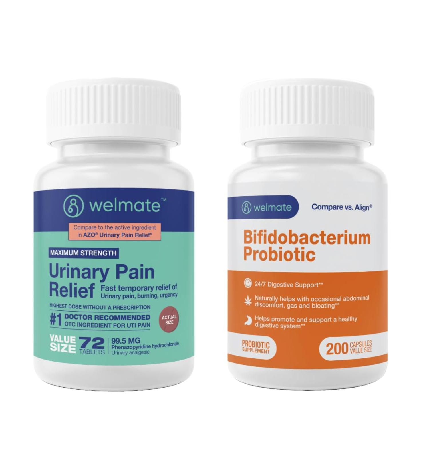 WELMATE UTI Comfort & Gut Health Essentials: Urinary Pain Relief Phenazopyridine 99.5mg (72 Ct) & Bifidobacterium Probiotic (200 Ct) | Complete Urinary and Digestive Support Package - Buy Online on GoSupps.com