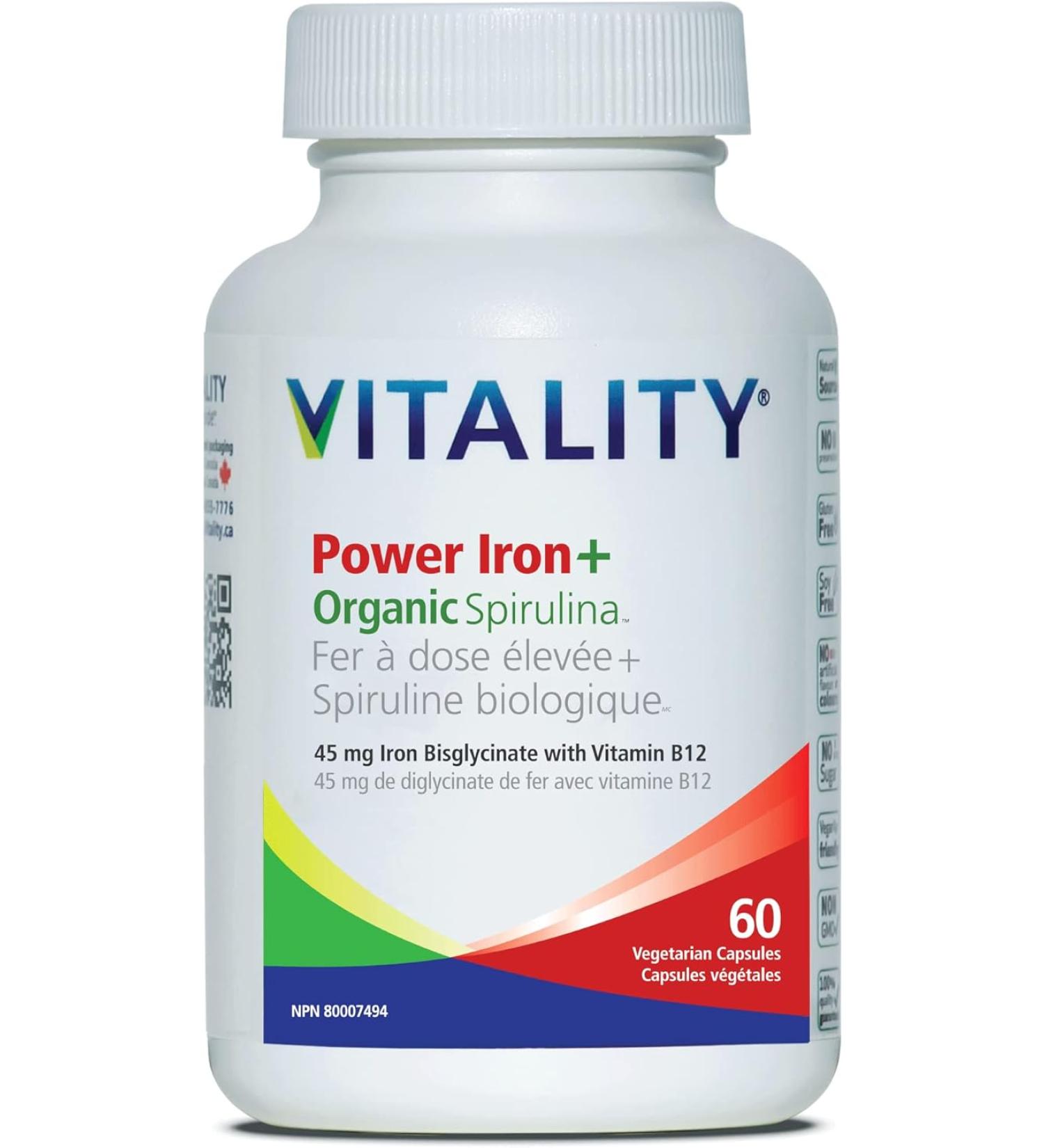 VITALITY Power Iron Organic Spirulina Boosts Energy with Iron Bisglycinate Vitamin B12 Build Blood Boost Energy 60 Capsules - Buy Online on GoSupps.com