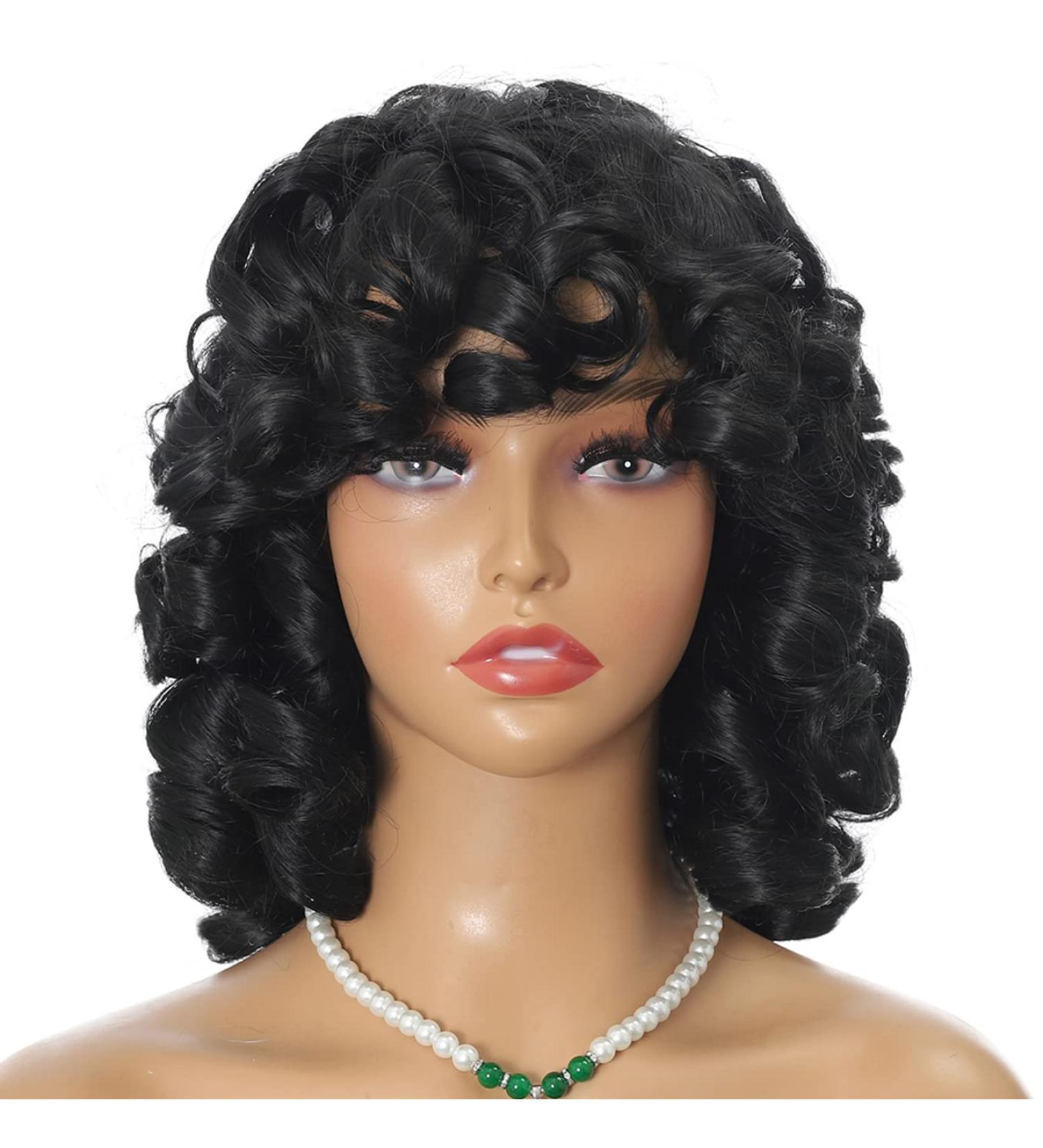 Natural Black Afro Curly Wig with Bangs | Short Heat Resistant Synthetic Wig 14 Inch | Soft Big Bouncy Fluffy Curls for Daily & Party Use - Black Women - Buy Online on GoSupps.com