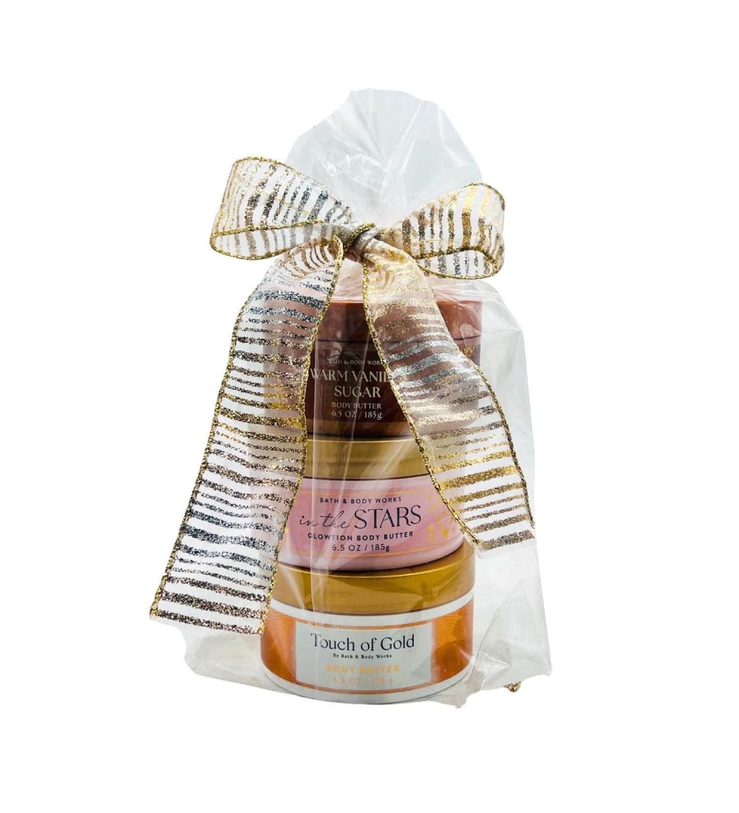 Bath & Body Works Golden Bundle 3-Pack Body Butter Gift Set In The Stars Glowtion Touch of Gold & Warm Vanilla Sugar 6.5 oz each with 30-Inch Metallic Gold & Silver Striped Bow for Holidays - Buy Online on GoSupps.com